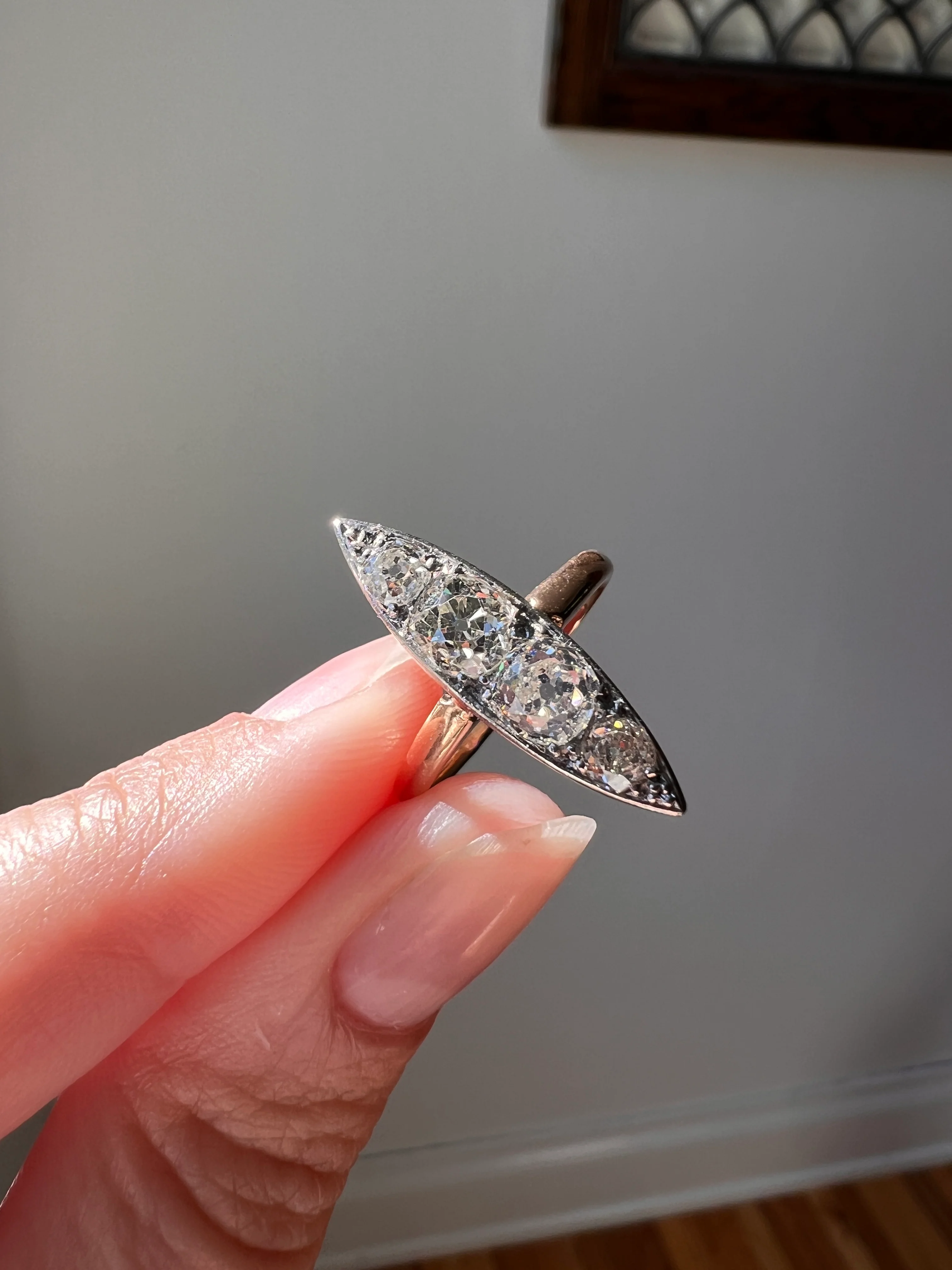 Four Stone 1.5 Carat Old Mine Cut DIAMOND Eye Clean! Antique Navette Ring French 18k Rose Gold Platinum Stacker Belle Epoque Victorian OmC - Image 17