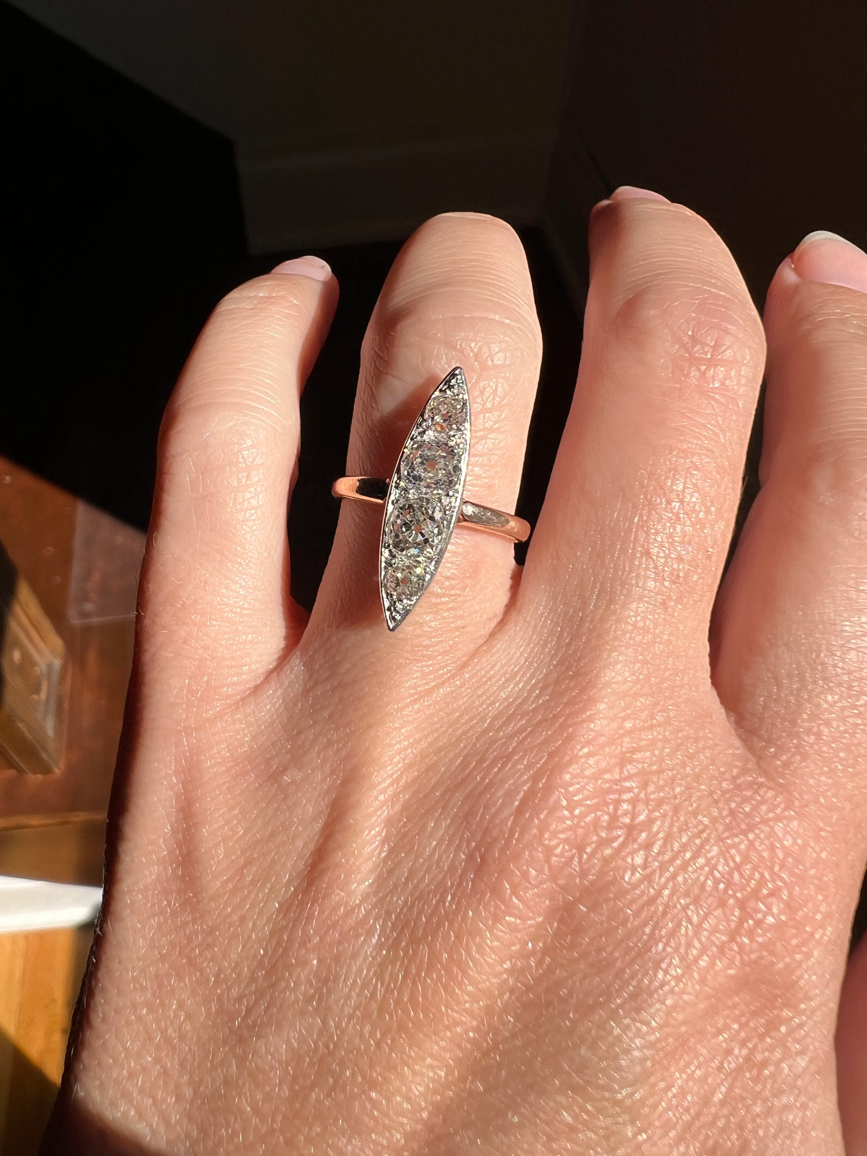 Four Stone 1.5 Carat Old Mine Cut DIAMOND Eye Clean! Antique Navette Ring French 18k Rose Gold Platinum Stacker Belle Epoque Victorian OmC - Image 18