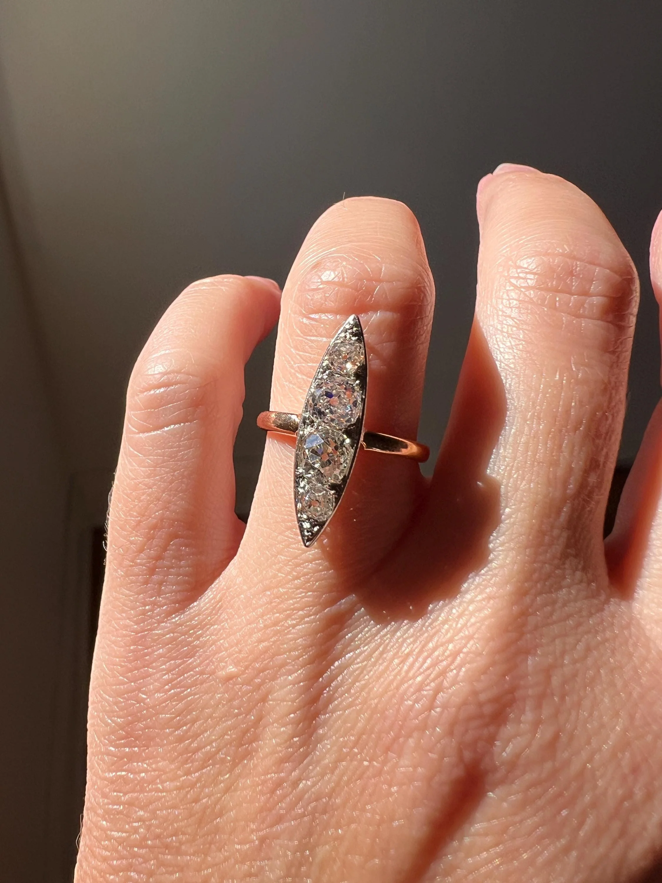 Four Stone 1.5 Carat Old Mine Cut DIAMOND Eye Clean! Antique Navette Ring French 18k Rose Gold Platinum Stacker Belle Epoque Victorian OmC - Image 2
