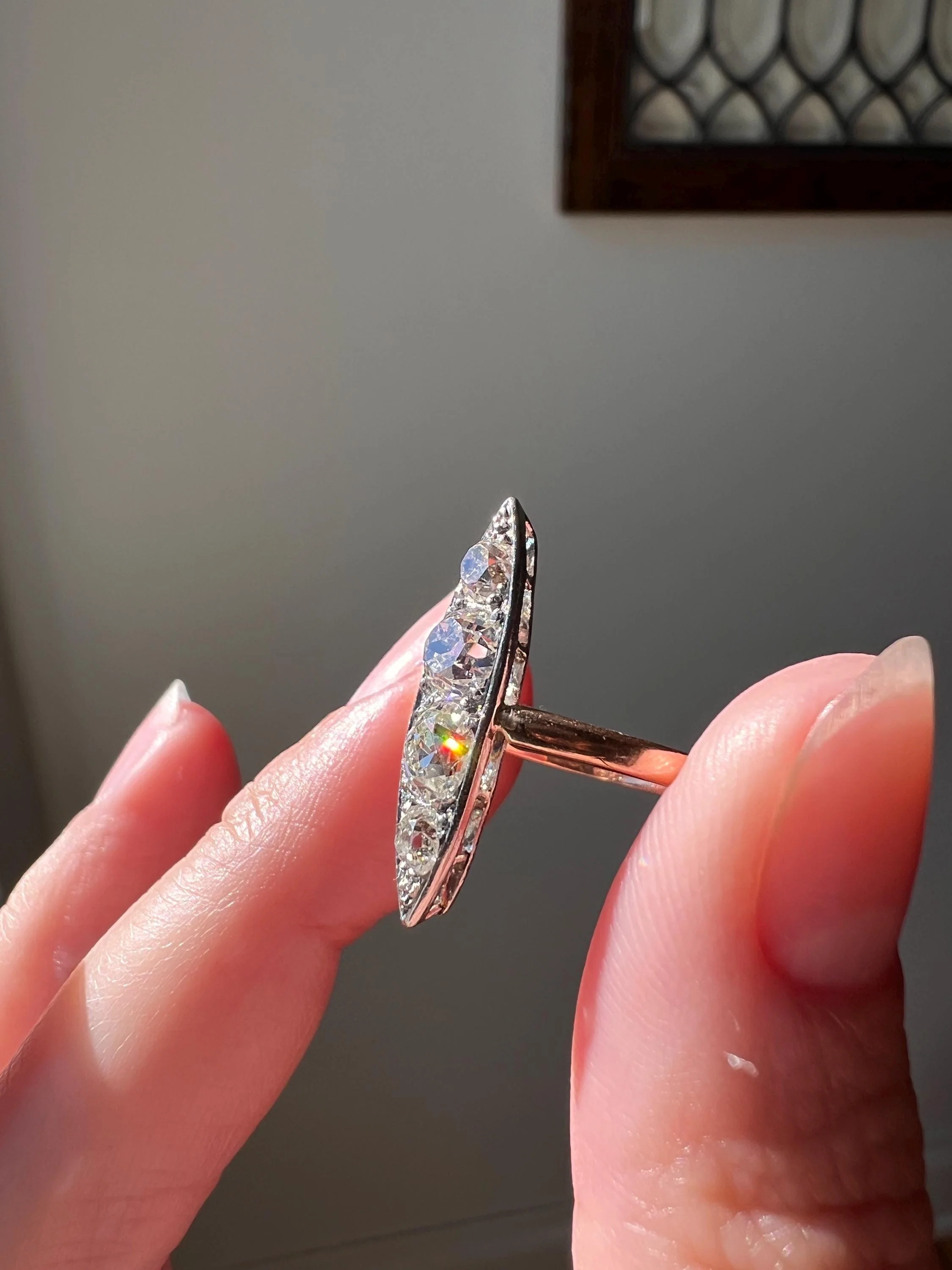 Four Stone 1.5 Carat Old Mine Cut DIAMOND Eye Clean! Antique Navette Ring French 18k Rose Gold Platinum Stacker Belle Epoque Victorian OmC - Image 3