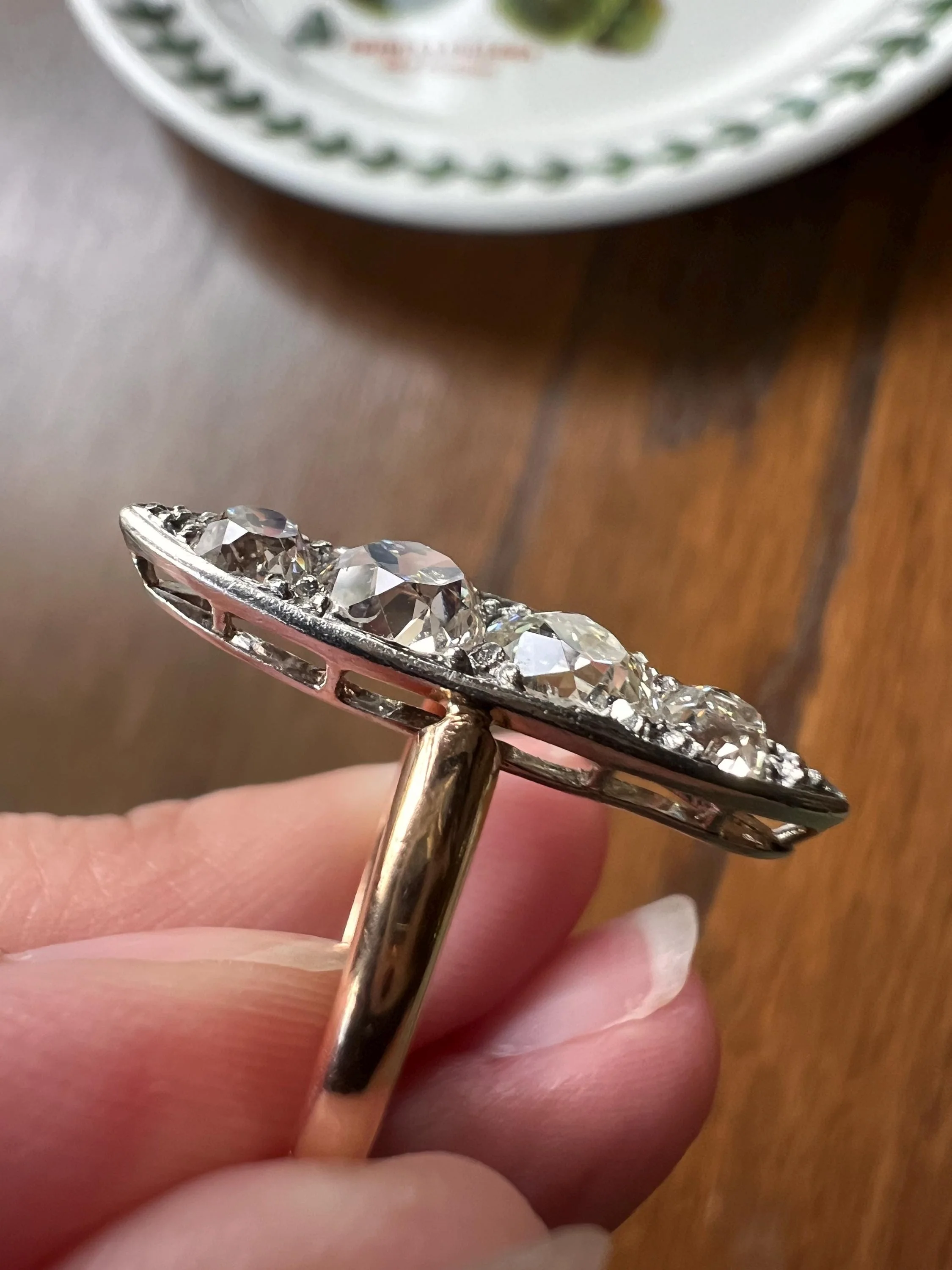 Four Stone 1.5 Carat Old Mine Cut DIAMOND Eye Clean! Antique Navette Ring French 18k Rose Gold Platinum Stacker Belle Epoque Victorian OmC - Image 4