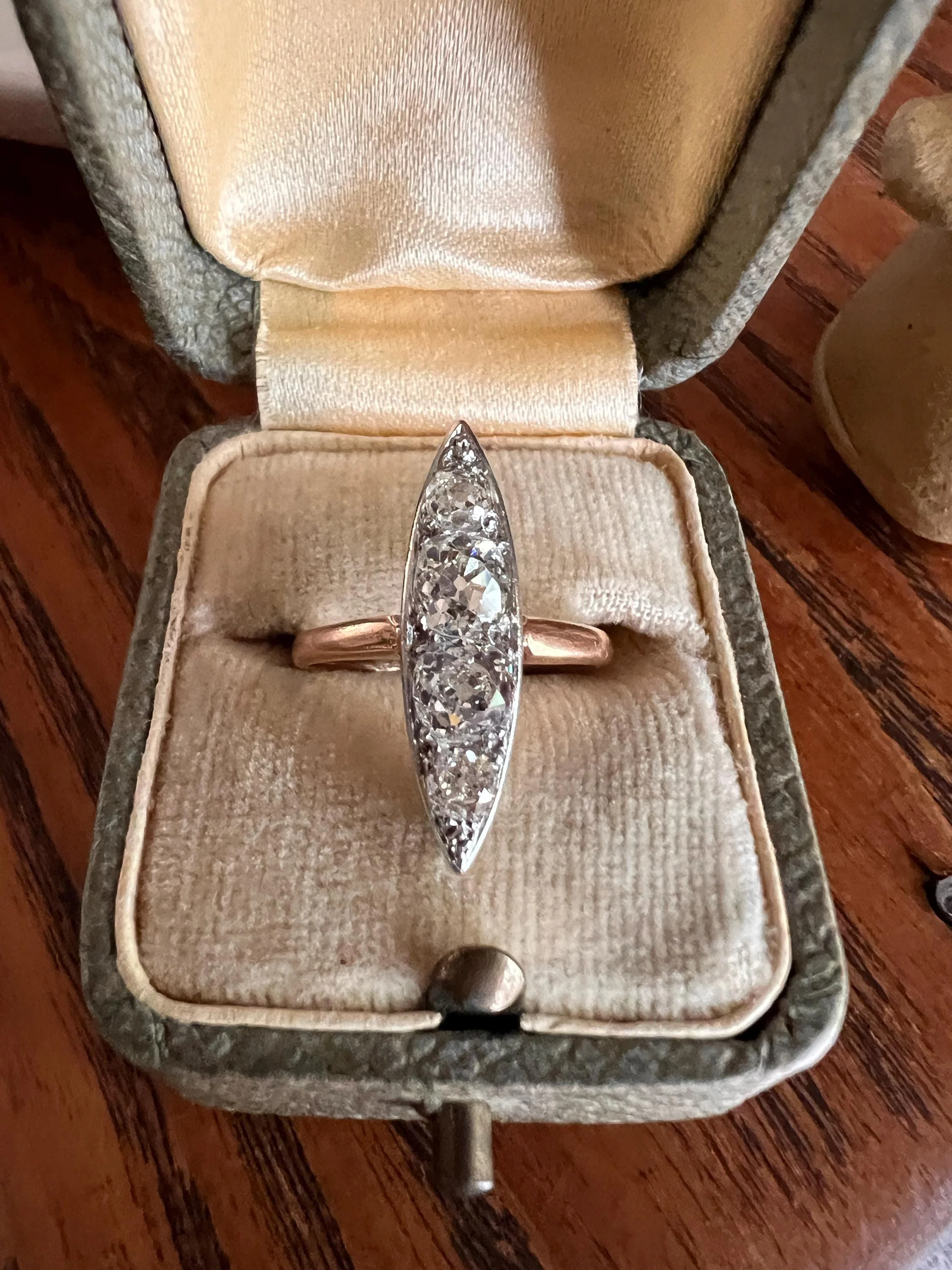 Four Stone 1.5 Carat Old Mine Cut DIAMOND Eye Clean! Antique Navette Ring French 18k Rose Gold Platinum Stacker Belle Epoque Victorian OmC - Image 5