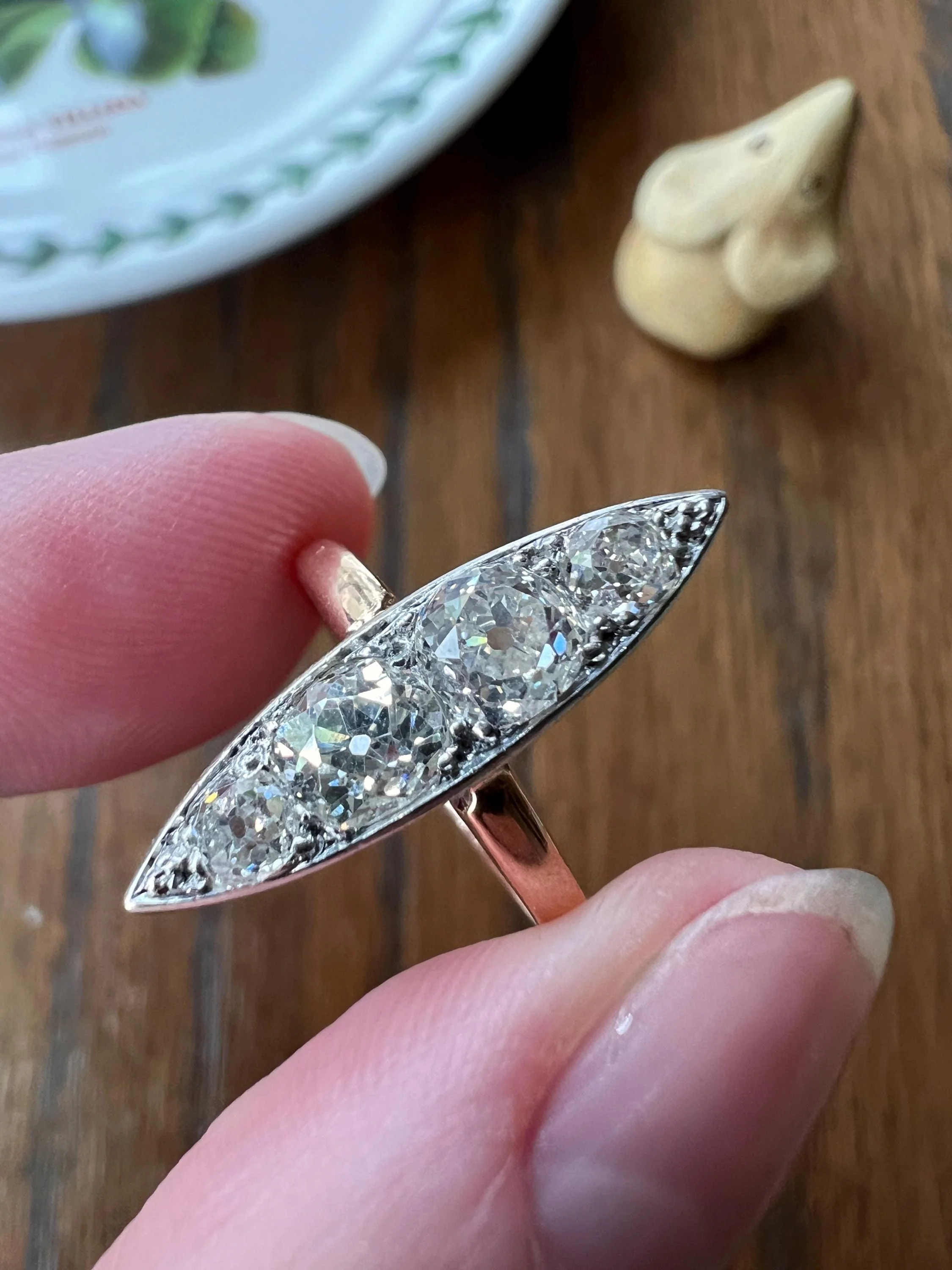 Four Stone 1.5 Carat Old Mine Cut DIAMOND Eye Clean! Antique Navette Ring French 18k Rose Gold Platinum Stacker Belle Epoque Victorian OmC - Image 6