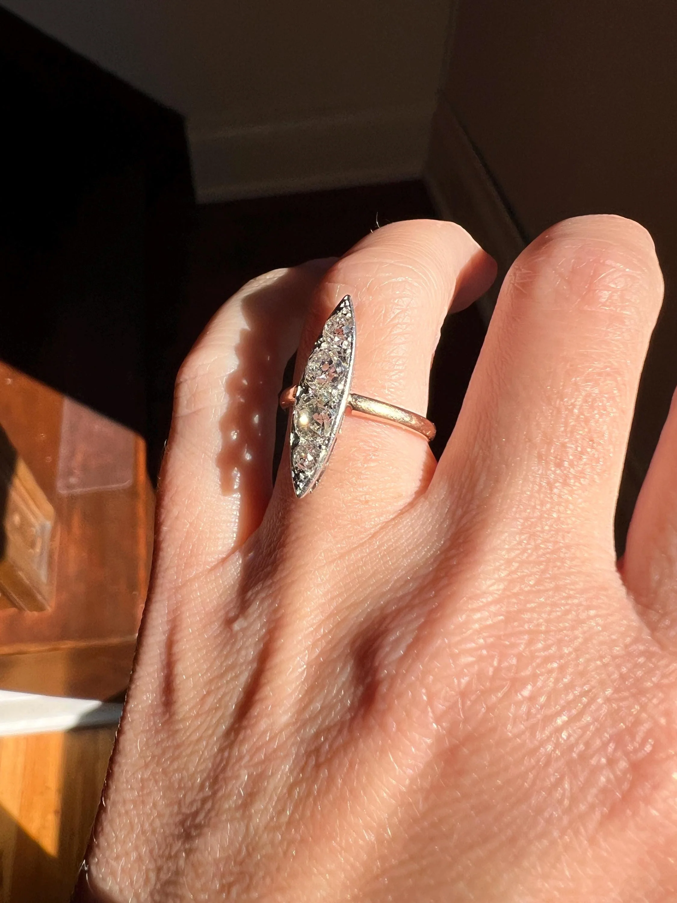 Four Stone 1.5 Carat Old Mine Cut DIAMOND Eye Clean! Antique Navette Ring French 18k Rose Gold Platinum Stacker Belle Epoque Victorian OmC - Image 7