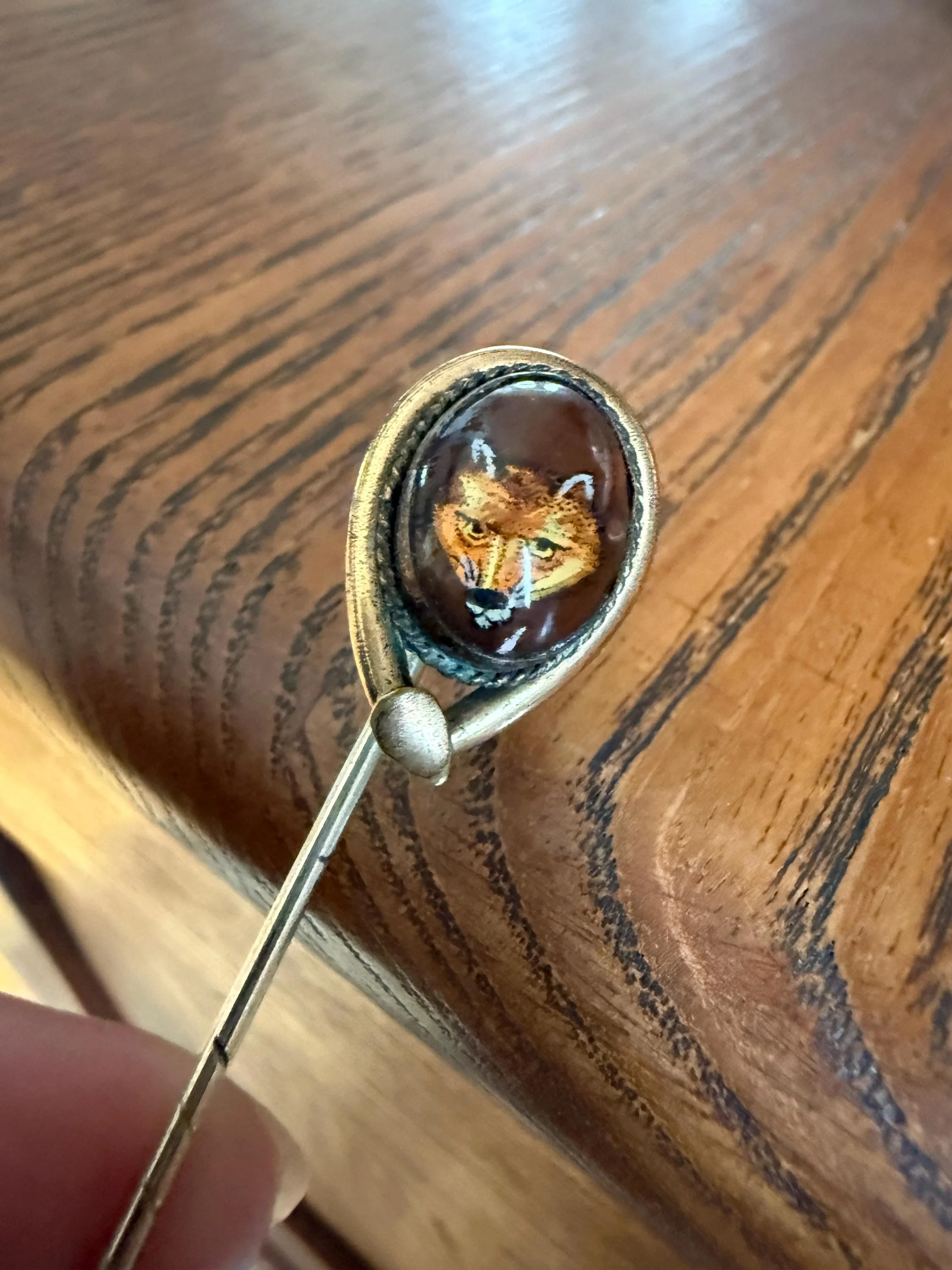 FOX Antique Hand Painted Gold Fill Stick Pin Essex Crystal Brooch Figural Animal Jewelry - Image 3