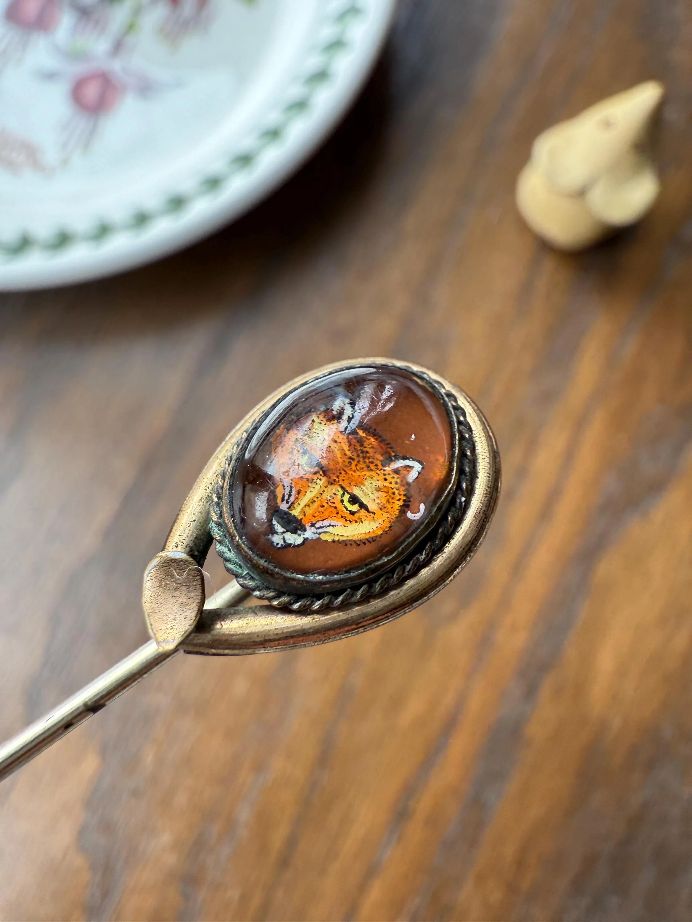 FOX Antique Hand Painted Gold Fill Stick Pin Essex Crystal Brooch Figural Animal Jewelry - Image 5