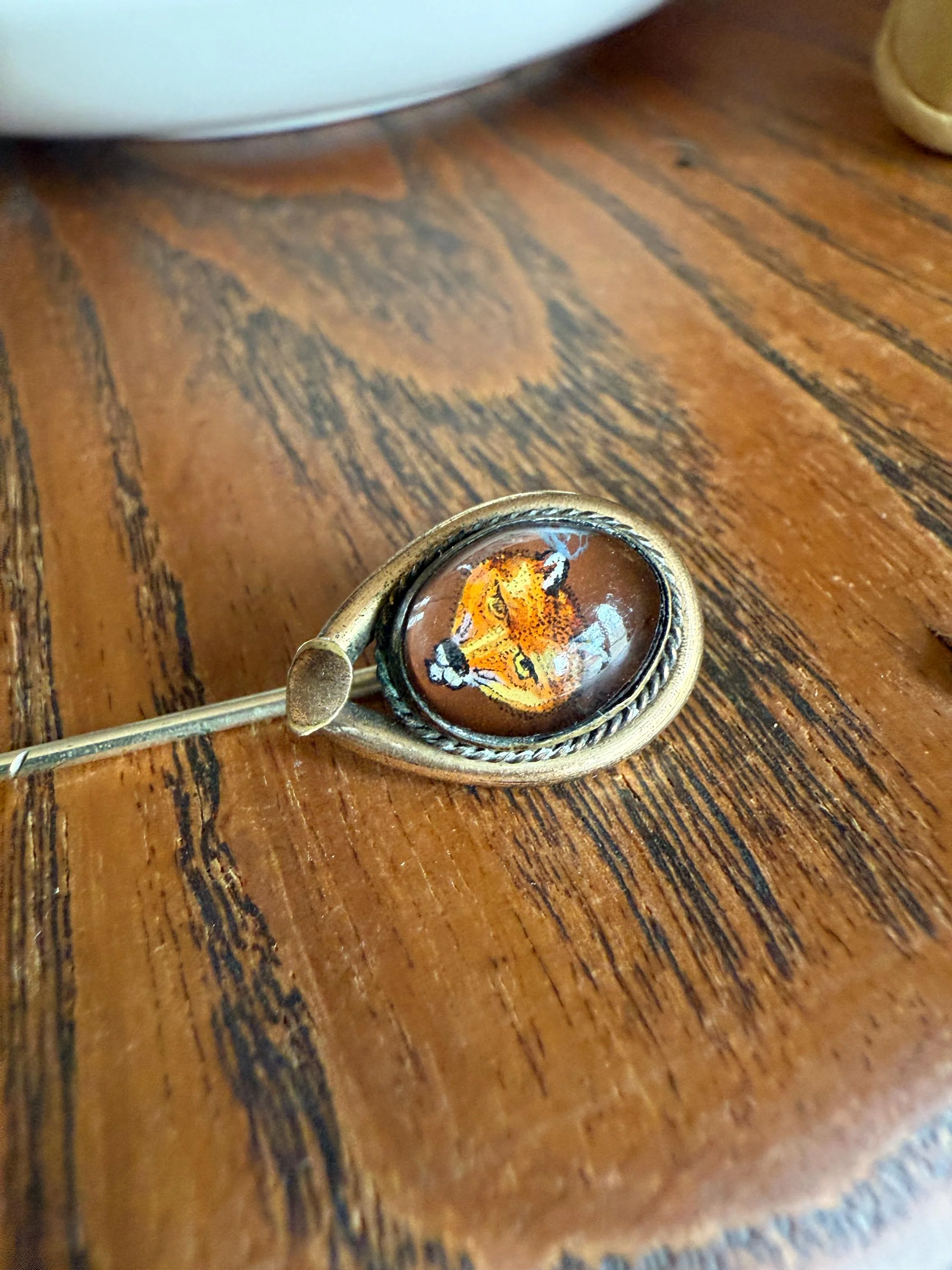 FOX Antique Hand Painted Gold Fill Stick Pin Essex Crystal Brooch Figural Animal Jewelry - Image 6
