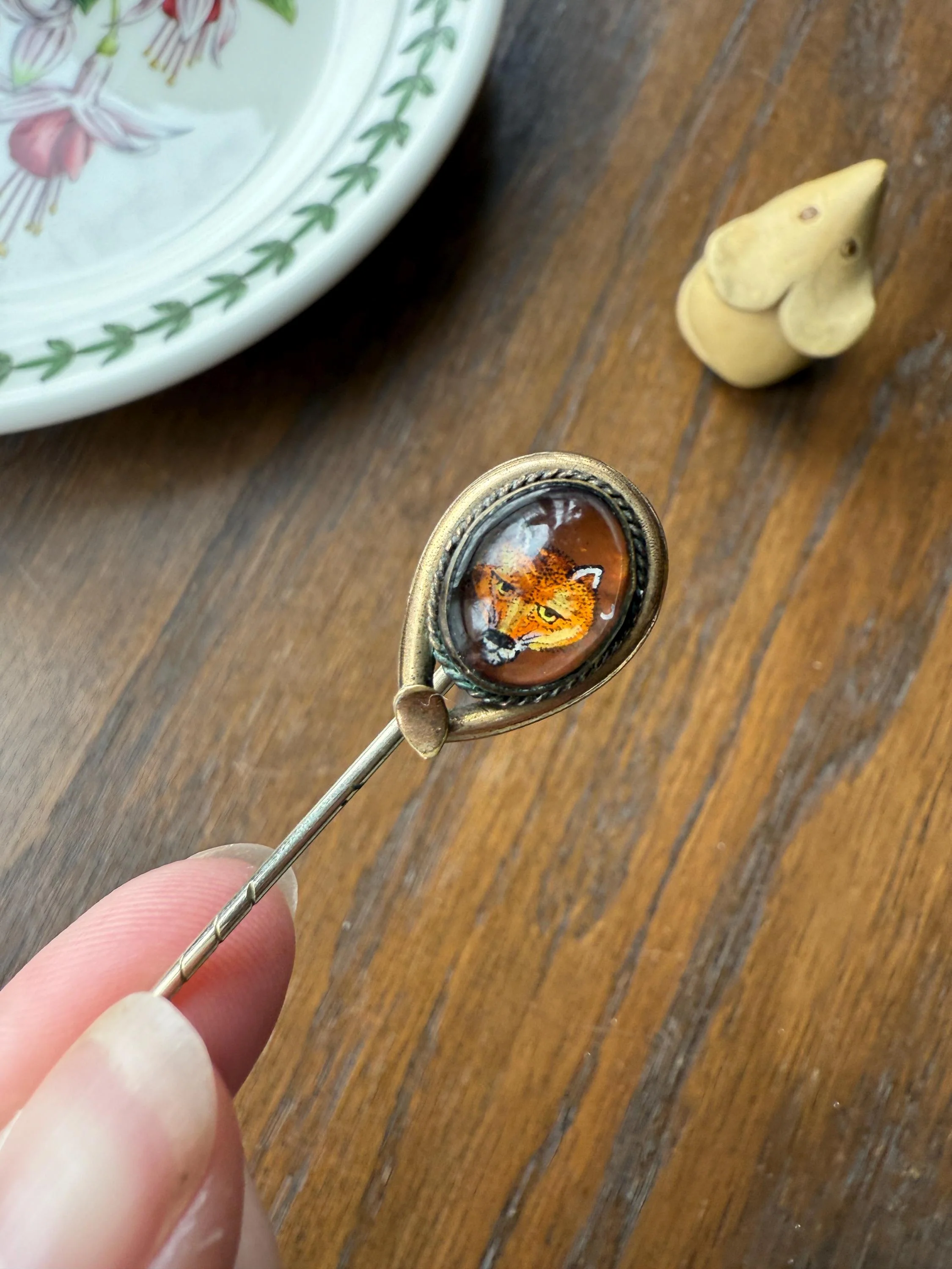 FOX Antique Hand Painted Gold Fill Stick Pin Essex Crystal Brooch Figural Animal Jewelry - Image 8