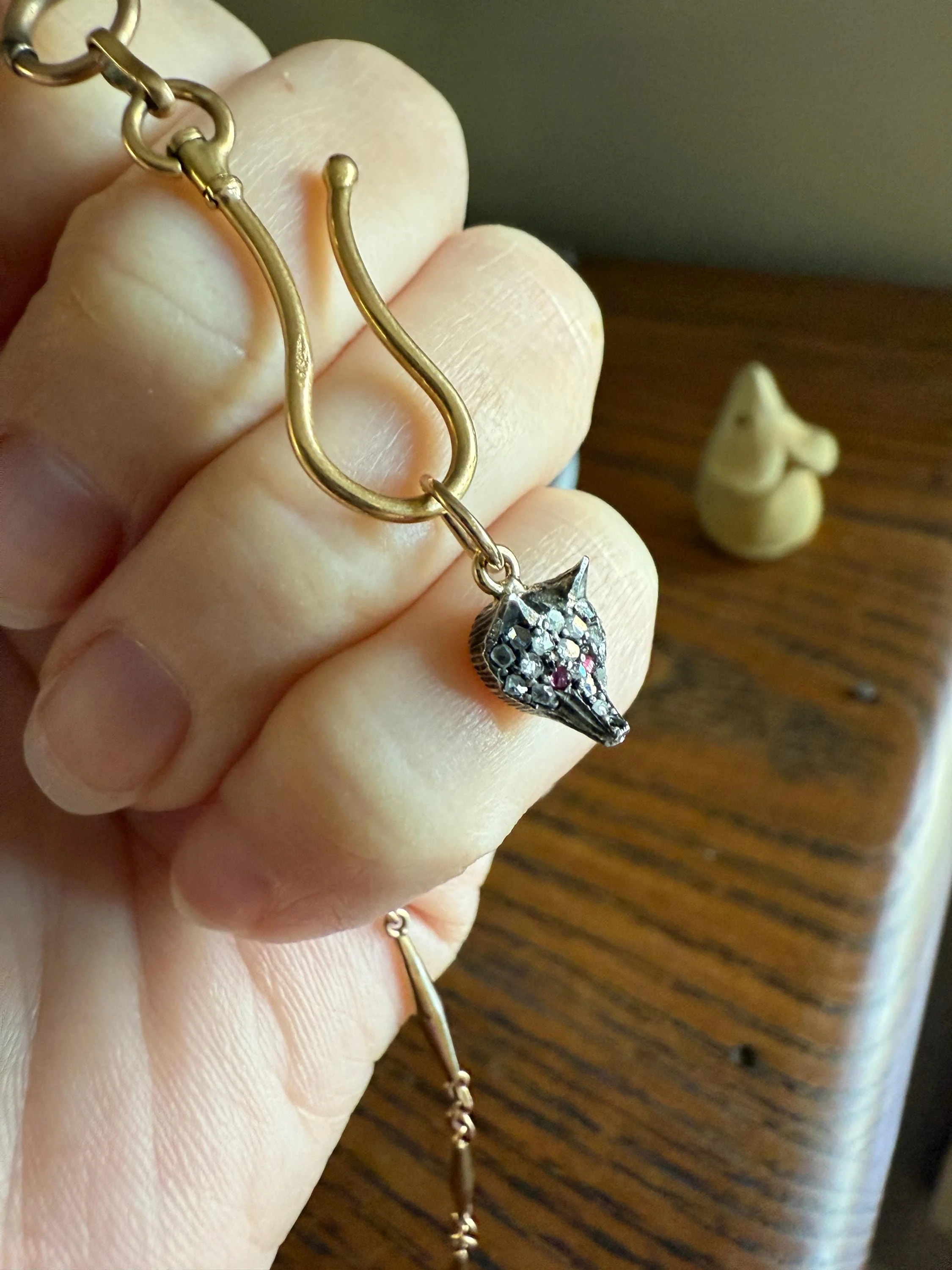 FOX Mini Wolf Antique Victorian 14k Gold Silver Figural Pendant Rose Cut Diamond Ruby Eye Necklace Bracelet Charm Animal - Image 2