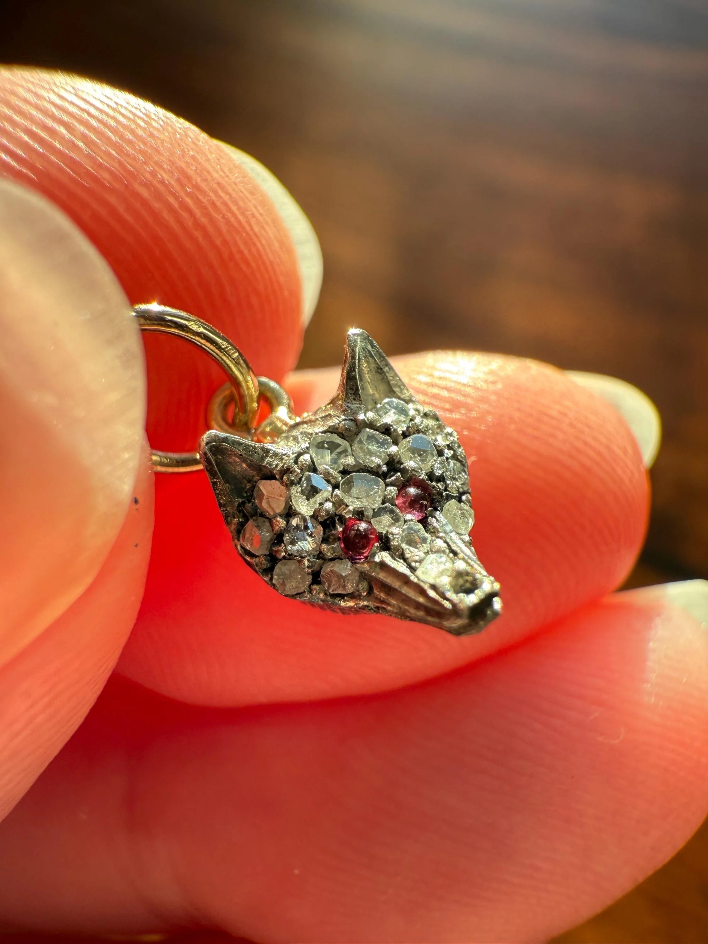 FOX Mini Wolf Antique Victorian 14k Gold Silver Figural Pendant Rose Cut Diamond Ruby Eye Necklace Bracelet Charm Animal - Image 4