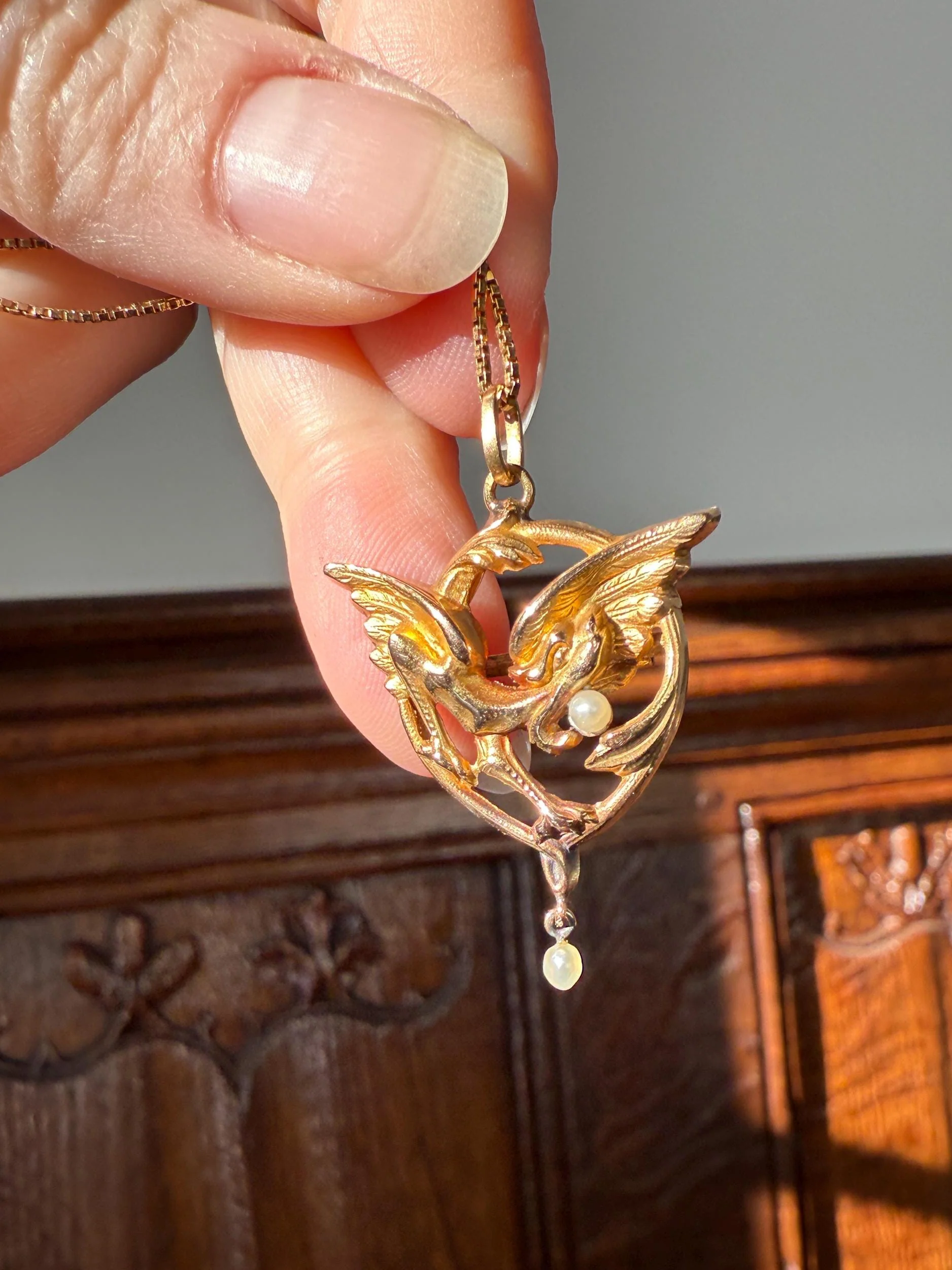 FRENCH Antique 18k Gold DRAGON Pendant on Chain Necklace Solid Chimera Griffin Winged Beast FIGURAL Pearl Victorian Belle Epoque Lifelike