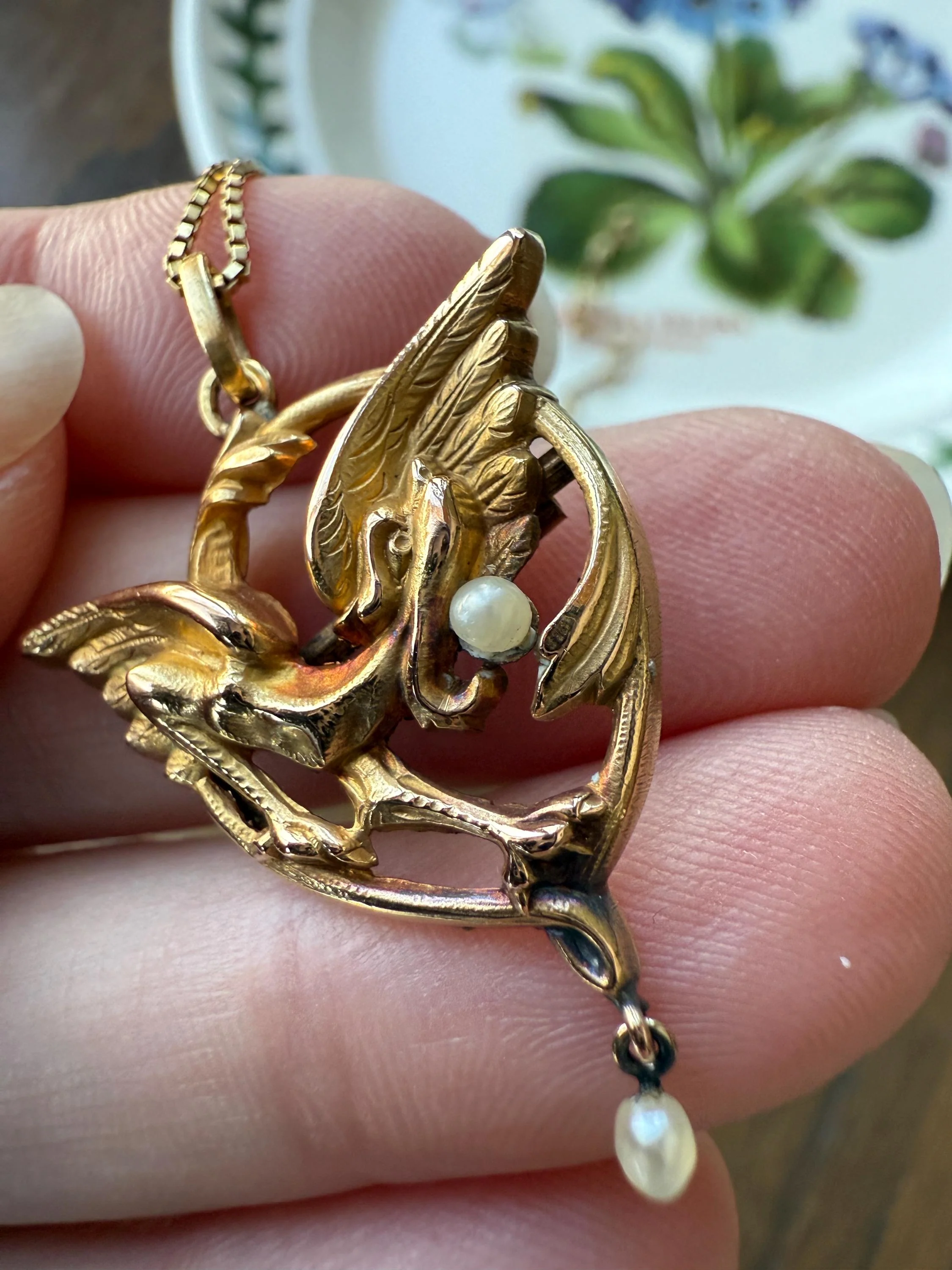 FRENCH Antique 18k Gold DRAGON Pendant on Chain Necklace Solid Chimera Griffin Winged Beast FIGURAL Pearl Victorian Belle Epoque Lifelike - Image 12