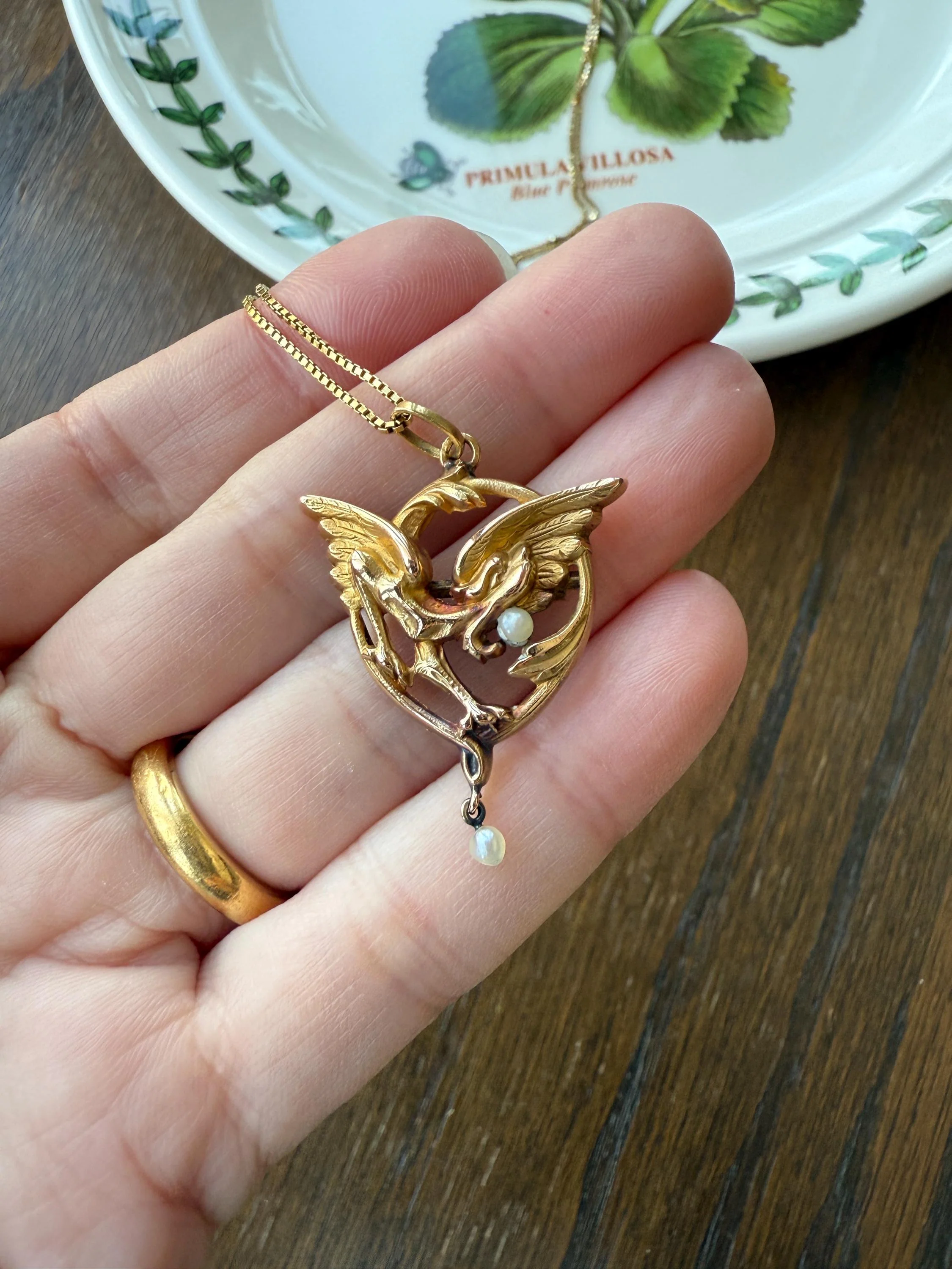 FRENCH Antique 18k Gold DRAGON Pendant on Chain Necklace Solid Chimera Griffin Winged Beast FIGURAL Pearl Victorian Belle Epoque Lifelike - Image 13