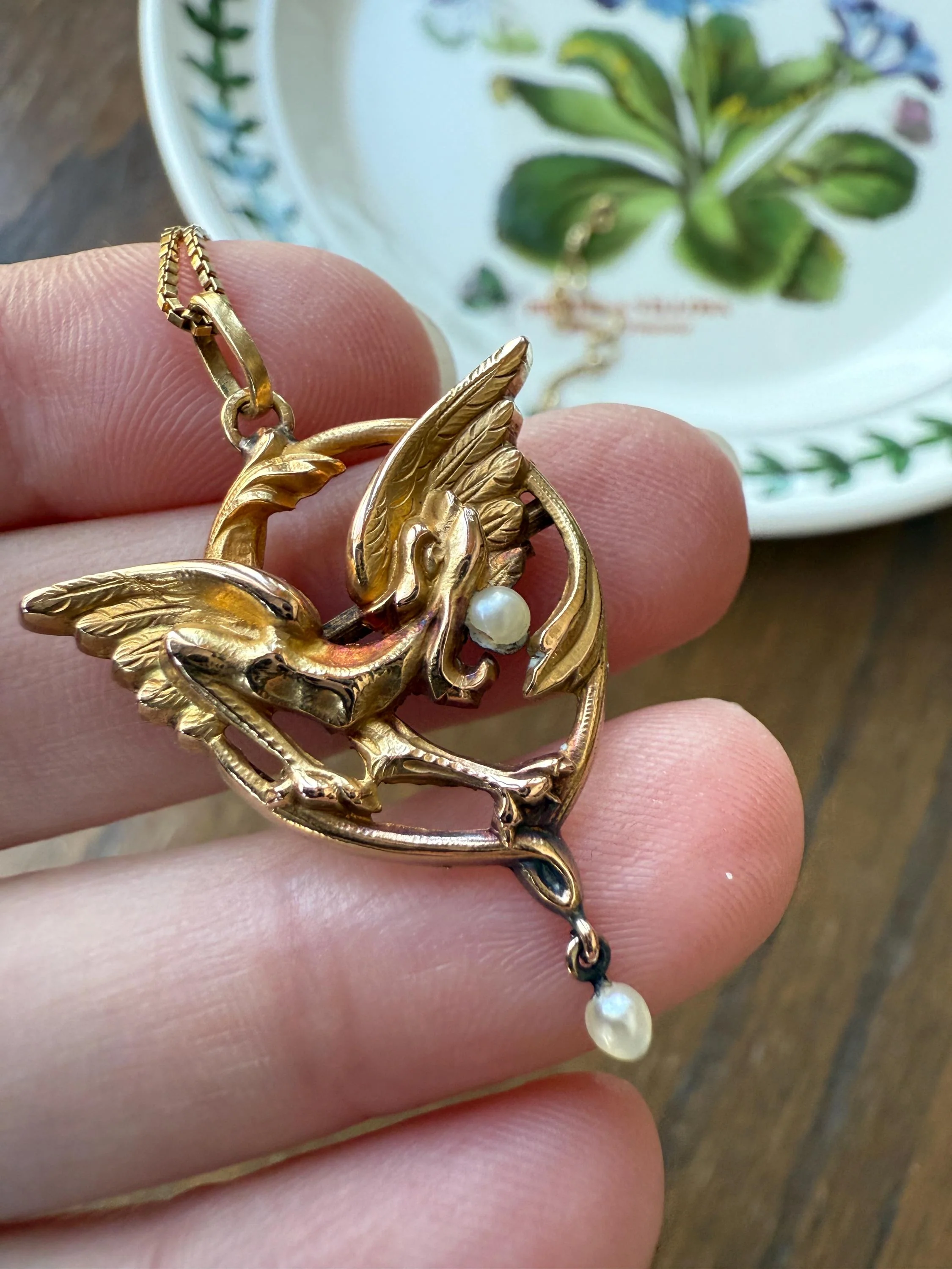 FRENCH Antique 18k Gold DRAGON Pendant on Chain Necklace Solid Chimera Griffin Winged Beast FIGURAL Pearl Victorian Belle Epoque Lifelike - Image 15