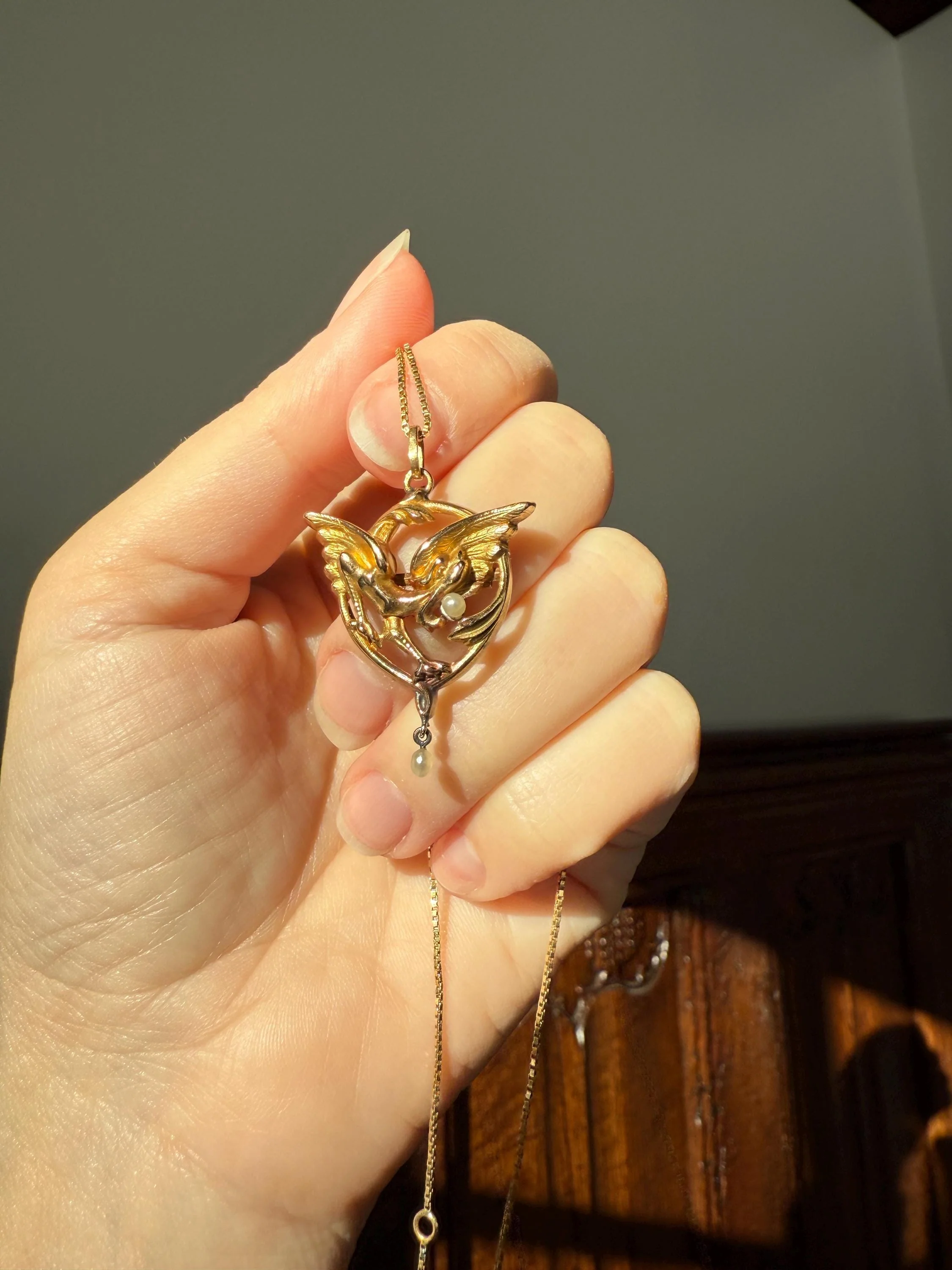 FRENCH Antique 18k Gold DRAGON Pendant on Chain Necklace Solid Chimera Griffin Winged Beast FIGURAL Pearl Victorian Belle Epoque Lifelike - Image 2