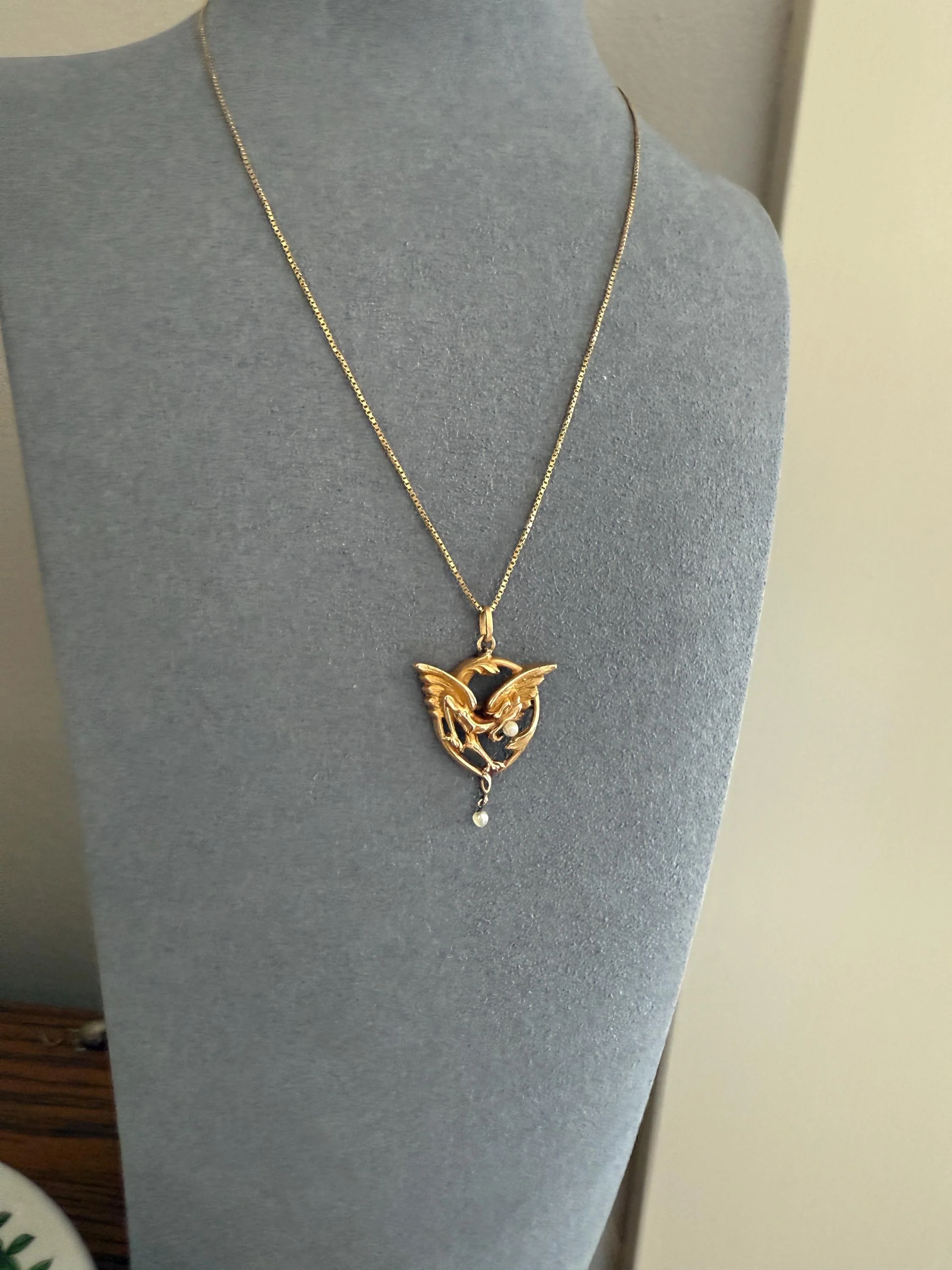 FRENCH Antique 18k Gold DRAGON Pendant on Chain Necklace Solid Chimera Griffin Winged Beast FIGURAL Pearl Victorian Belle Epoque Lifelike - Image 3