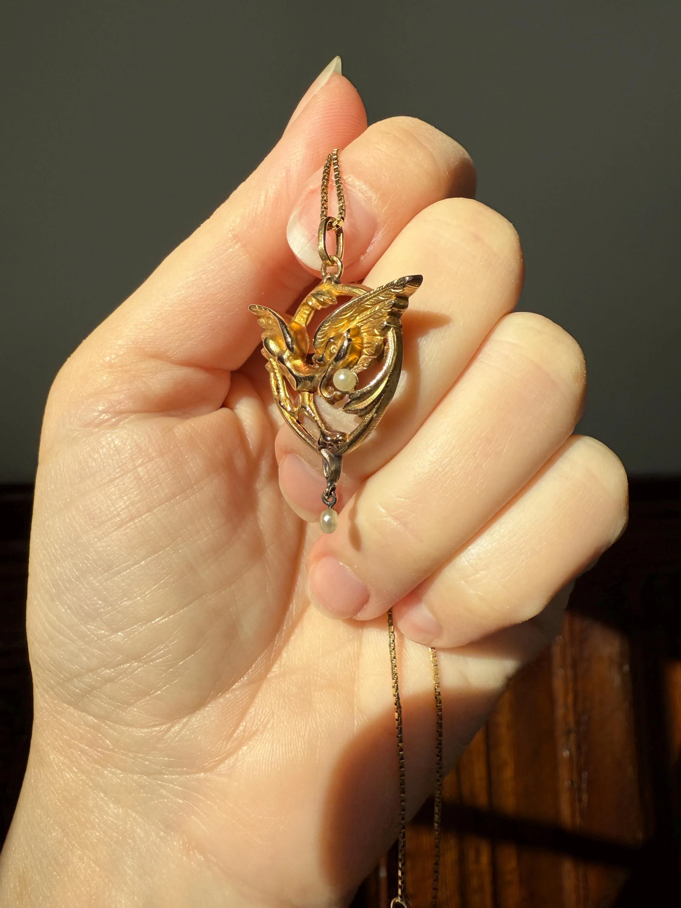 FRENCH Antique 18k Gold DRAGON Pendant on Chain Necklace Solid Chimera Griffin Winged Beast FIGURAL Pearl Victorian Belle Epoque Lifelike - Image 4