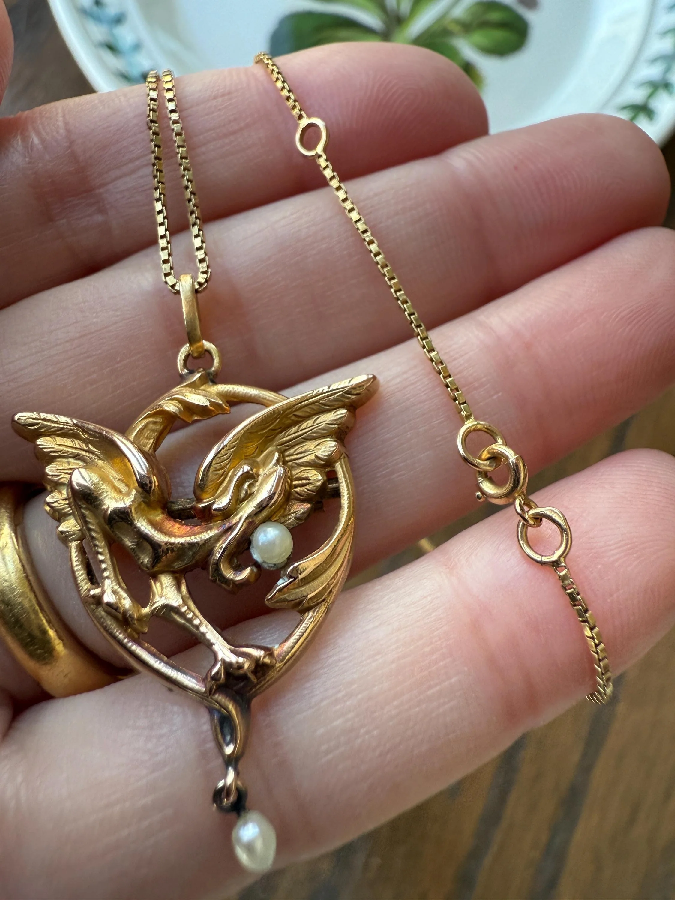 FRENCH Antique 18k Gold DRAGON Pendant on Chain Necklace Solid Chimera Griffin Winged Beast FIGURAL Pearl Victorian Belle Epoque Lifelike - Image 5
