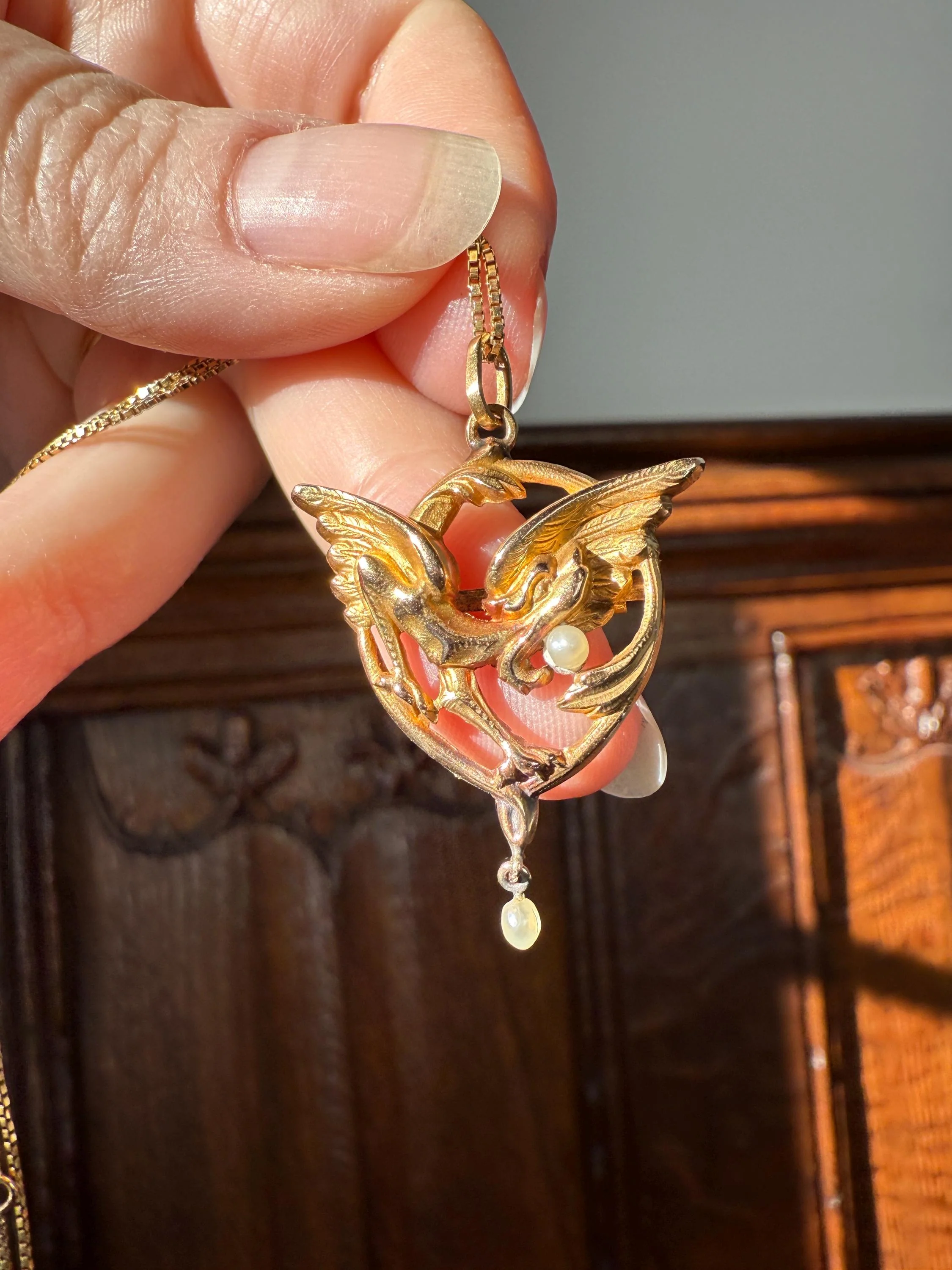 FRENCH Antique 18k Gold DRAGON Pendant on Chain Necklace Solid Chimera Griffin Winged Beast FIGURAL Pearl Victorian Belle Epoque Lifelike - Image 6