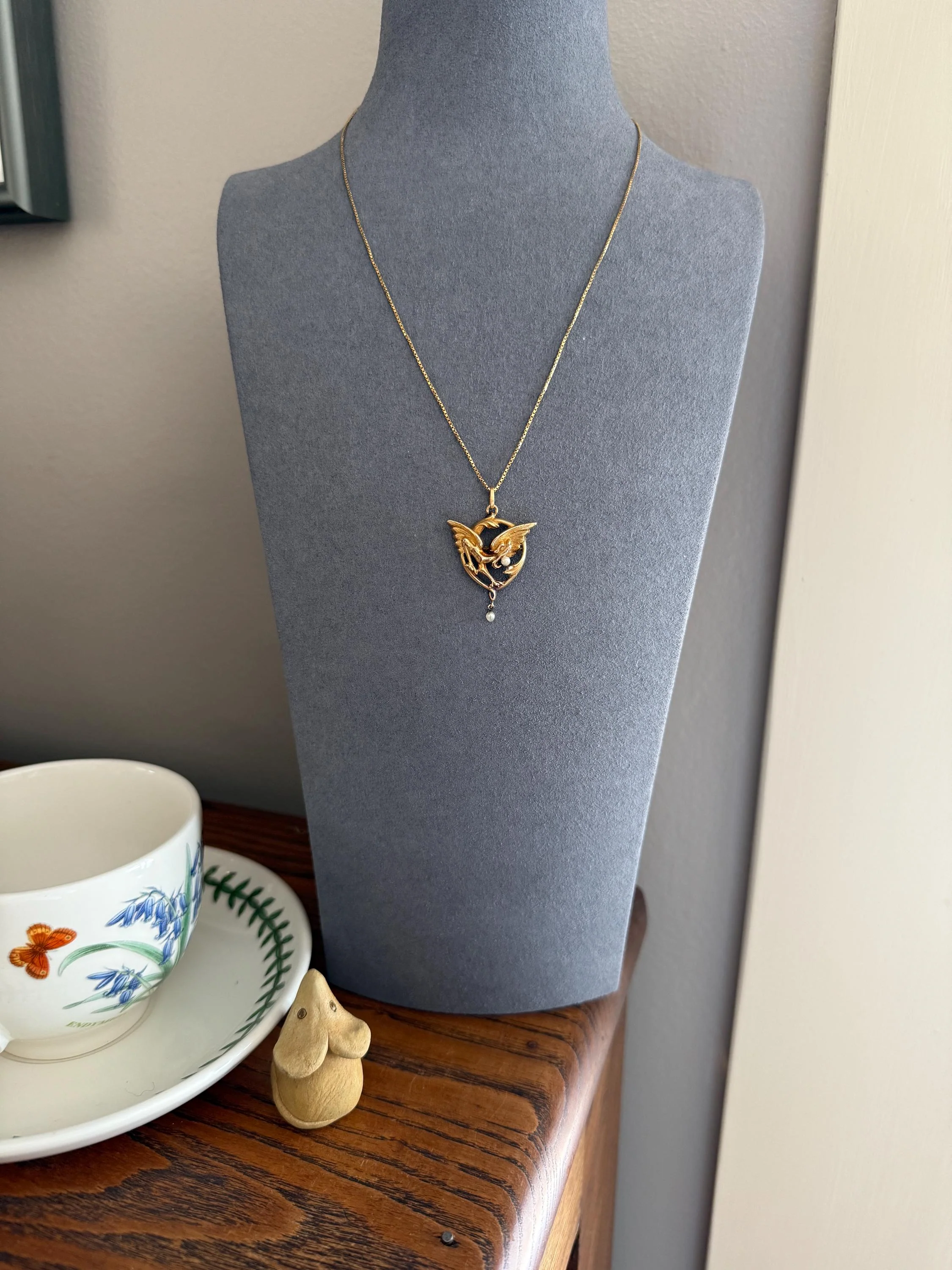 FRENCH Antique 18k Gold DRAGON Pendant on Chain Necklace Solid Chimera Griffin Winged Beast FIGURAL Pearl Victorian Belle Epoque Lifelike - Image 7