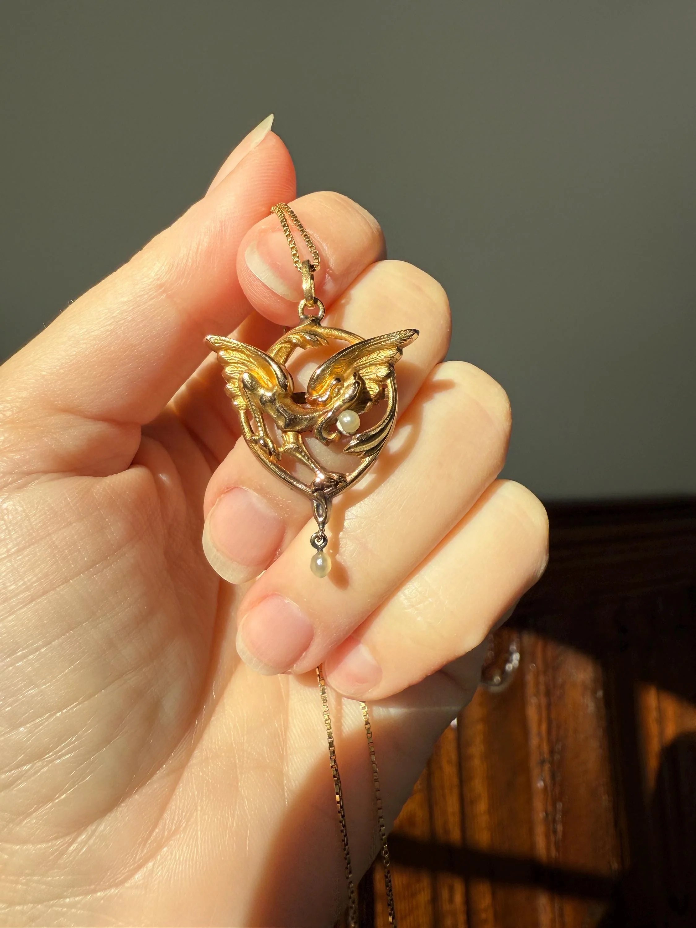 FRENCH Antique 18k Gold DRAGON Pendant on Chain Necklace Solid Chimera Griffin Winged Beast FIGURAL Pearl Victorian Belle Epoque Lifelike - Image 9