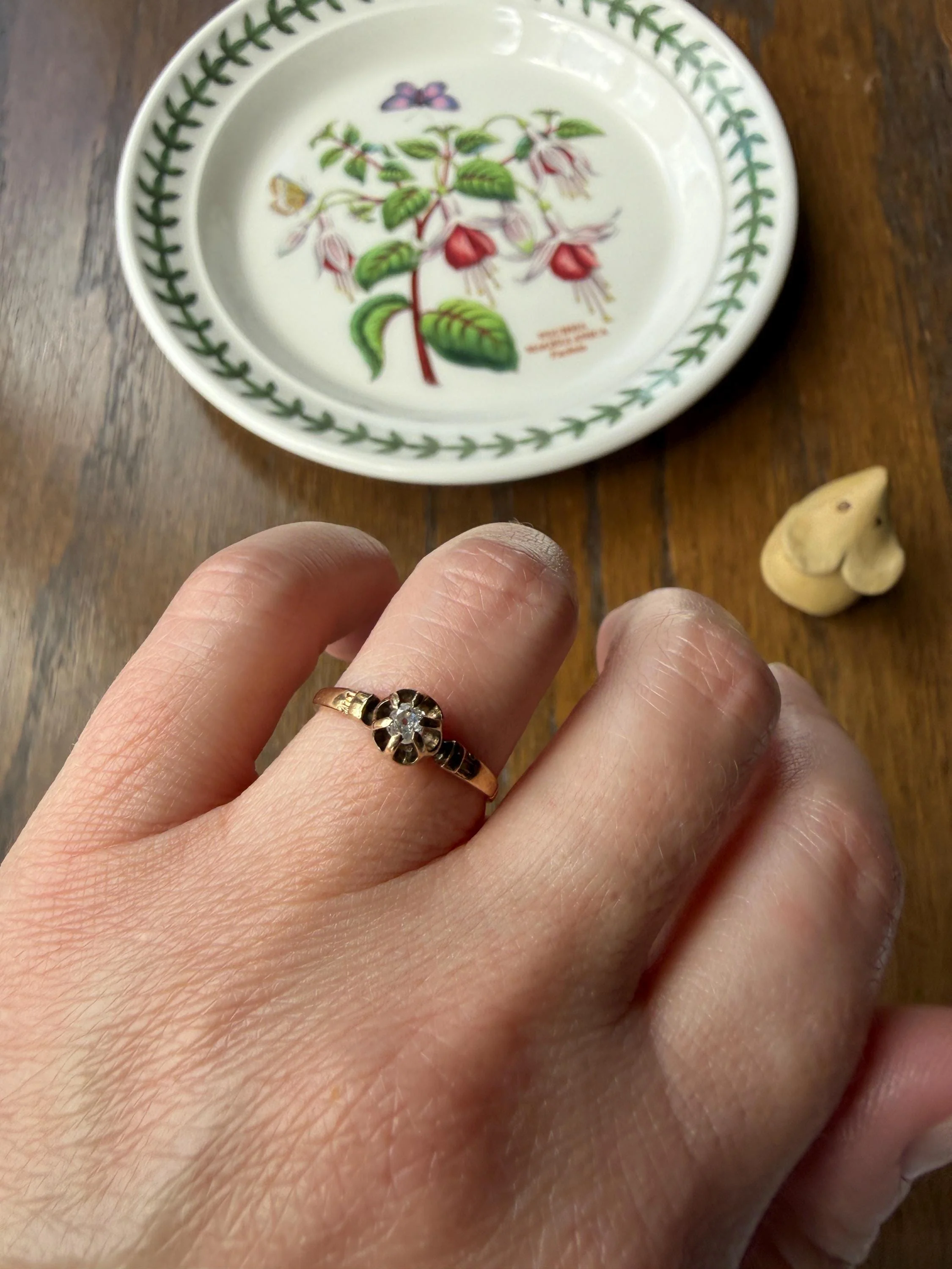 French Antique 18k Gold Old Mine Cut DIAMOND Buttercup Ring Pinky Band Victorian Stacker Solitaire Dainty Minimalist Engagement OMC - Image 2