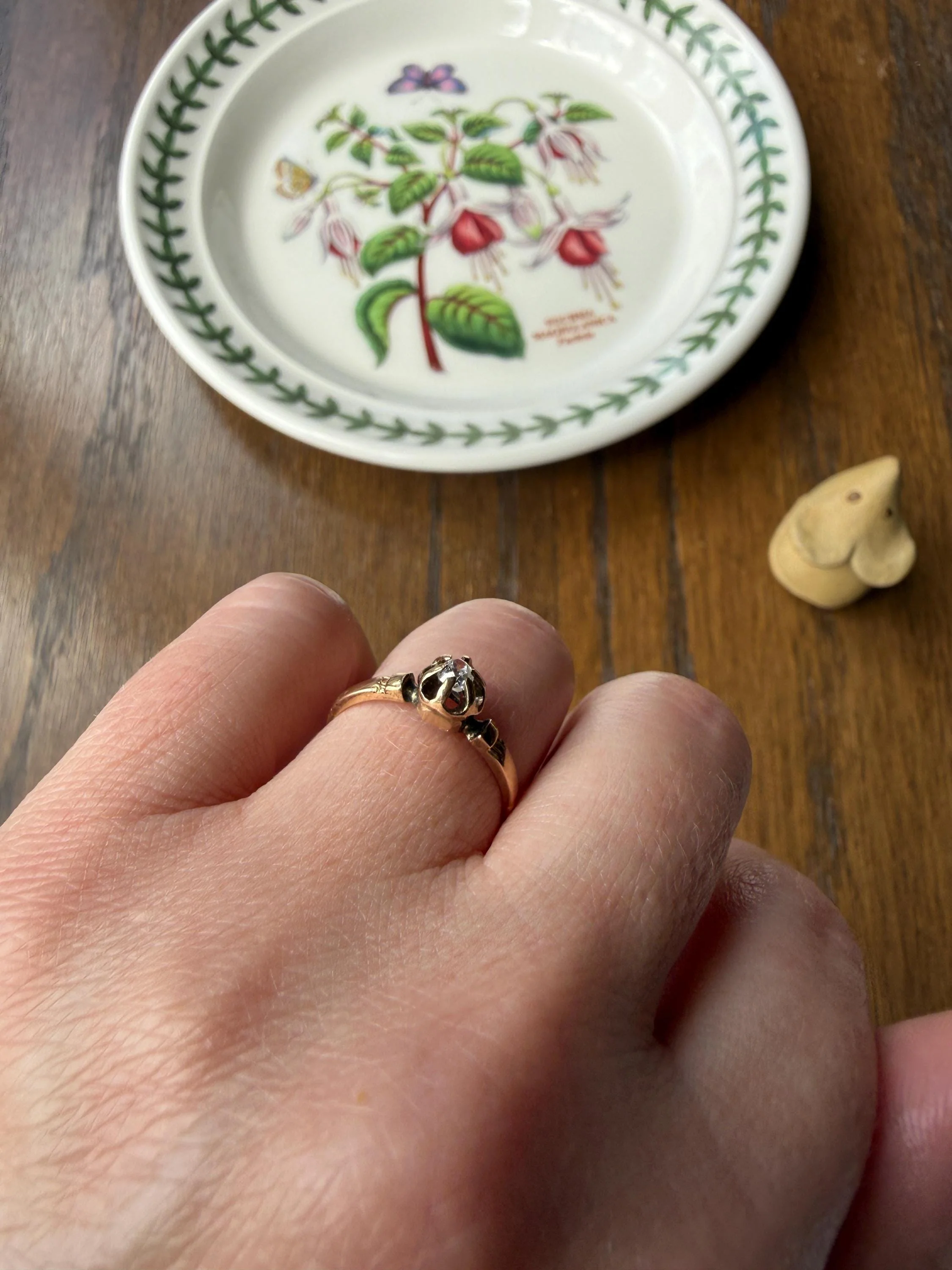 French Antique 18k Gold Old Mine Cut DIAMOND Buttercup Ring Pinky Band Victorian Stacker Solitaire Dainty Minimalist Engagement OMC - Image 4
