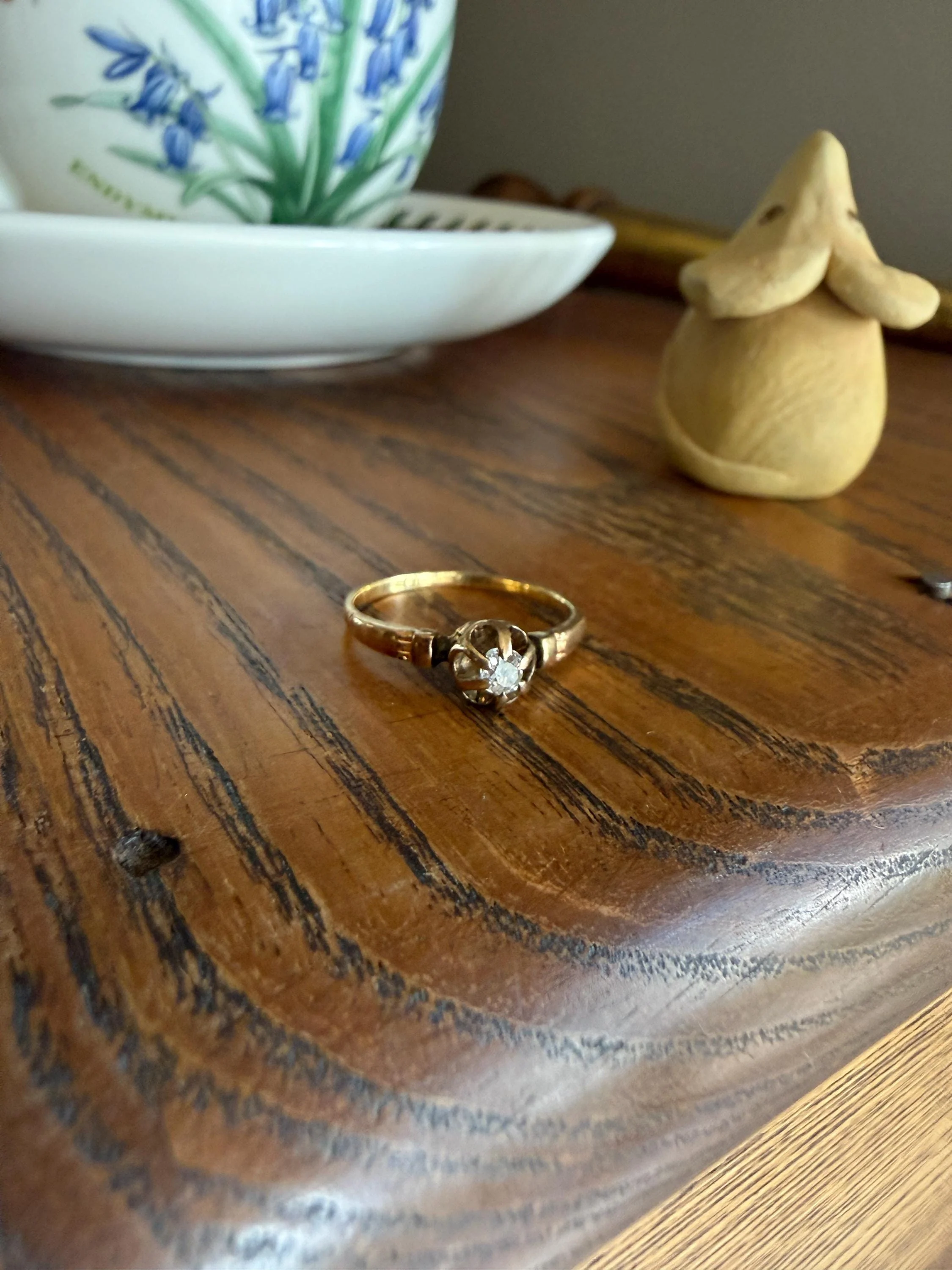 French Antique 18k Gold Old Mine Cut DIAMOND Buttercup Ring Pinky Band Victorian Stacker Solitaire Dainty Minimalist Engagement OMC - Image 7