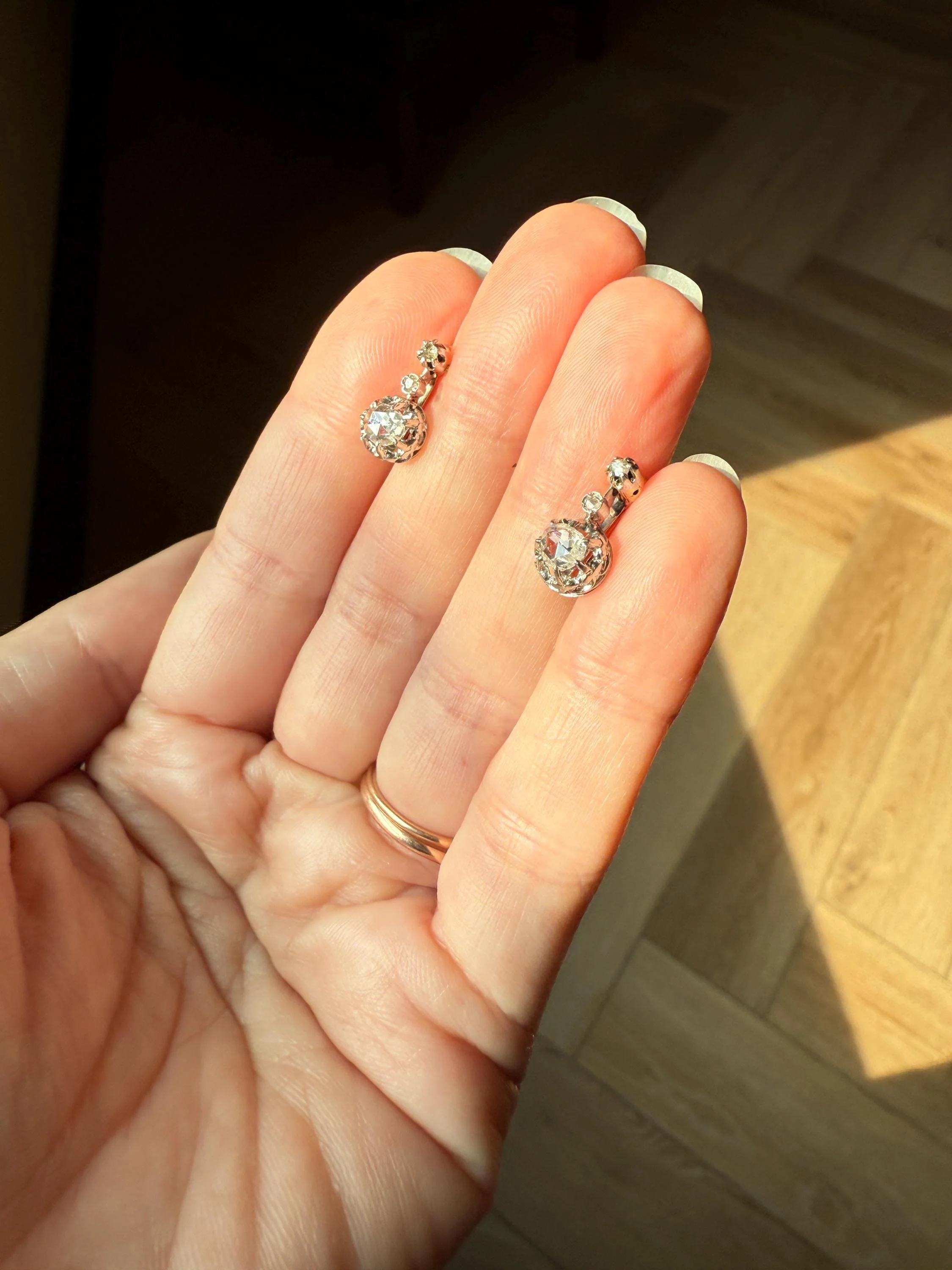 FRENCH Antique 18k GOLD Platinum Rose Cut DIAMOND Earrings Victorian Dangle Dormeuse Gift Belle Epoque - Image 4
