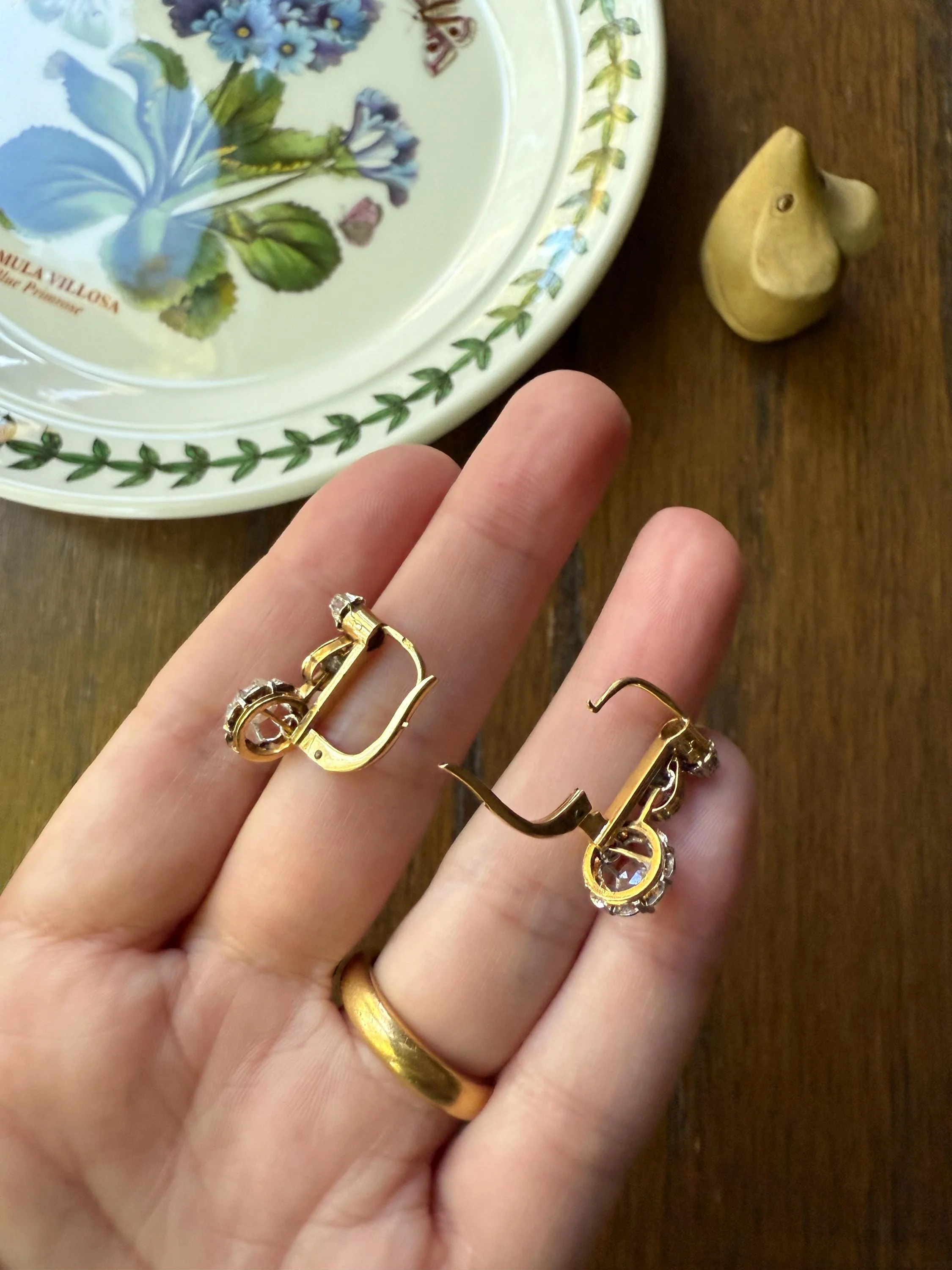 FRENCH Antique 18k GOLD Rose Cut Diamond Earrings Dangle Dormeuse Gift Belle Epoque Bridal Something Old Edwardian Teardrop Three Stone - Image 10