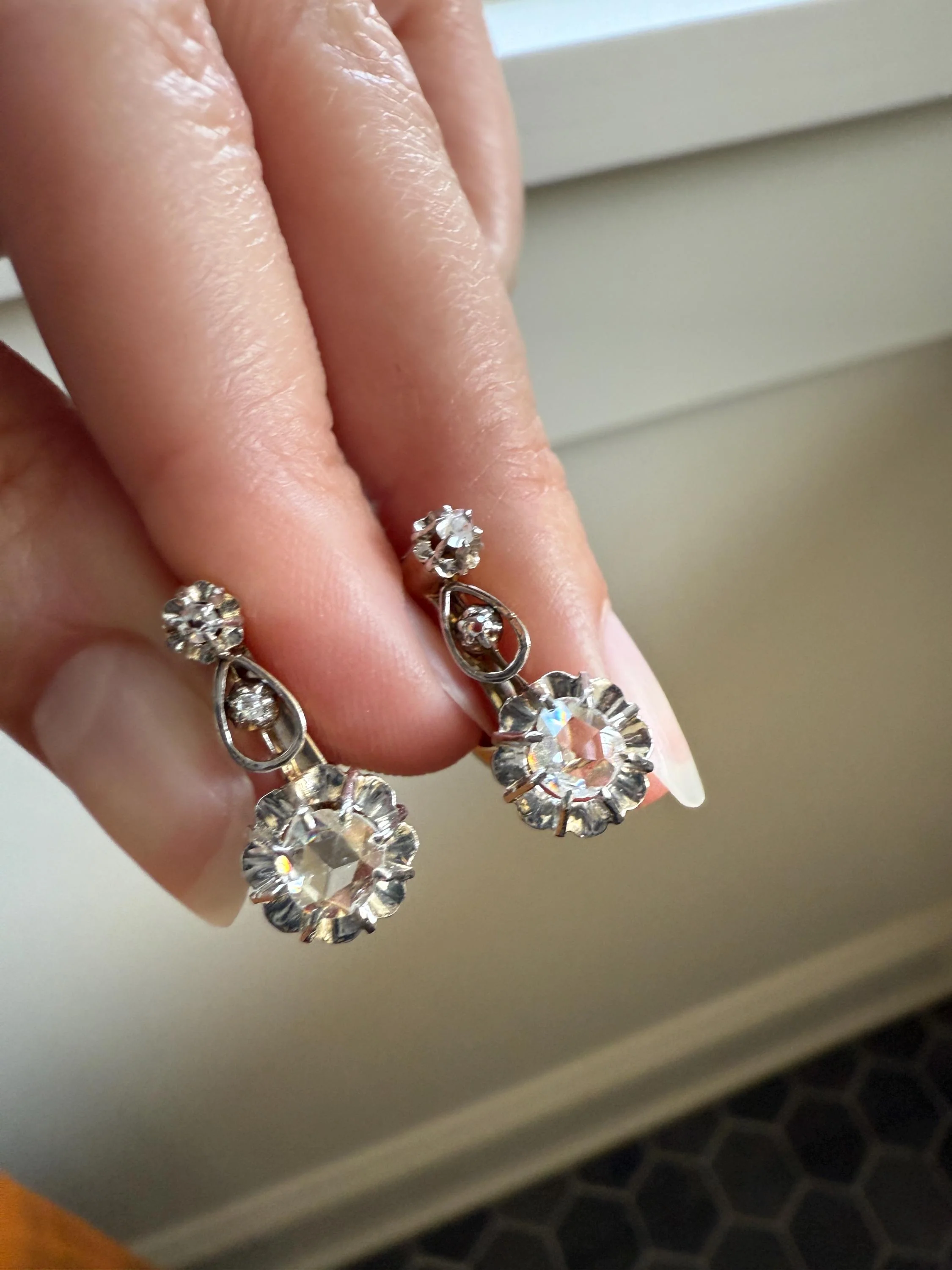 FRENCH Antique 18k GOLD Rose Cut Diamond Earrings Dangle Dormeuse Gift Belle Epoque Bridal Something Old Edwardian Teardrop Three Stone - Image 4