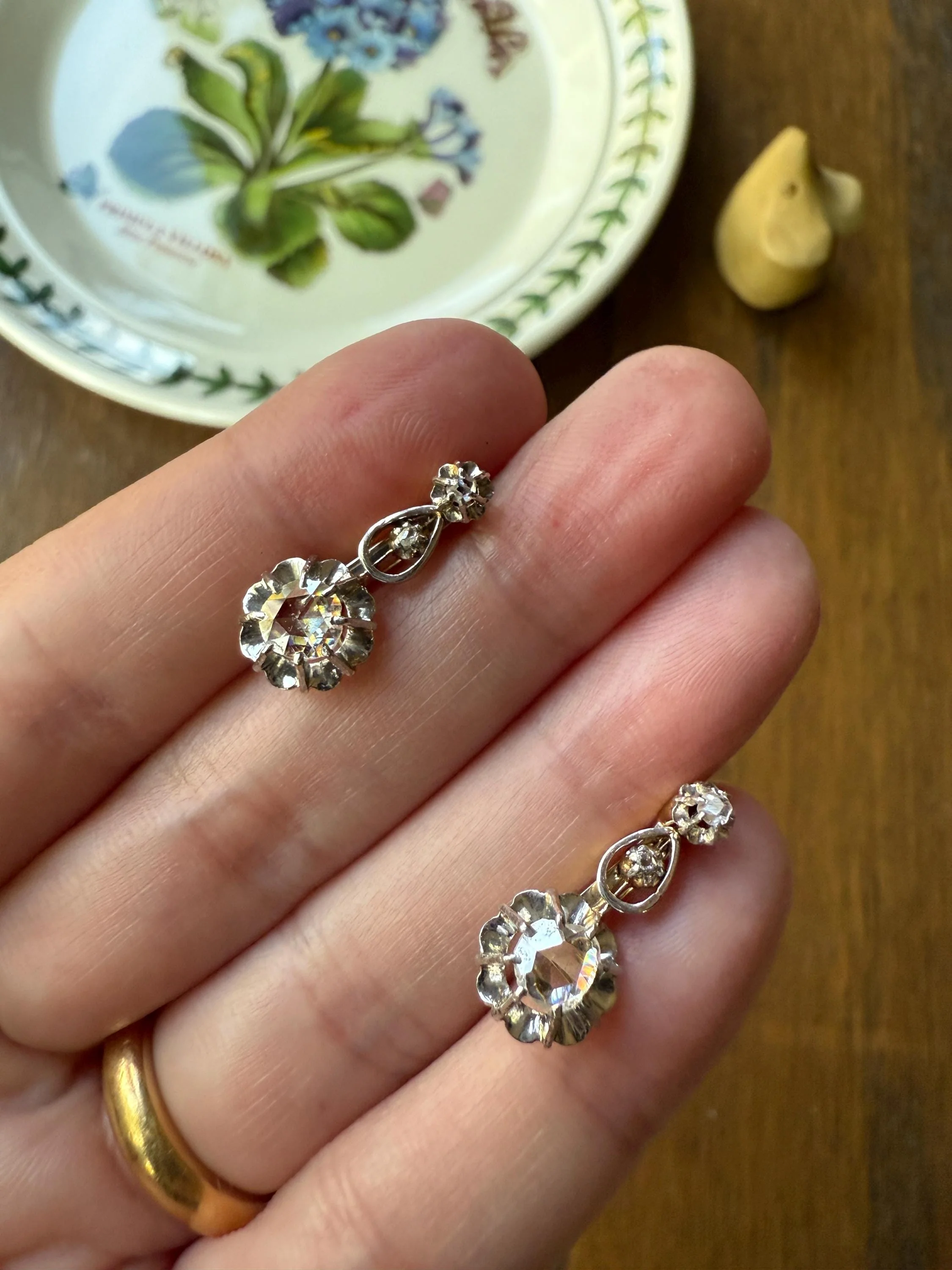 FRENCH Antique 18k GOLD Rose Cut Diamond Earrings Dangle Dormeuse Gift Belle Epoque Bridal Something Old Edwardian Teardrop Three Stone - Image 5