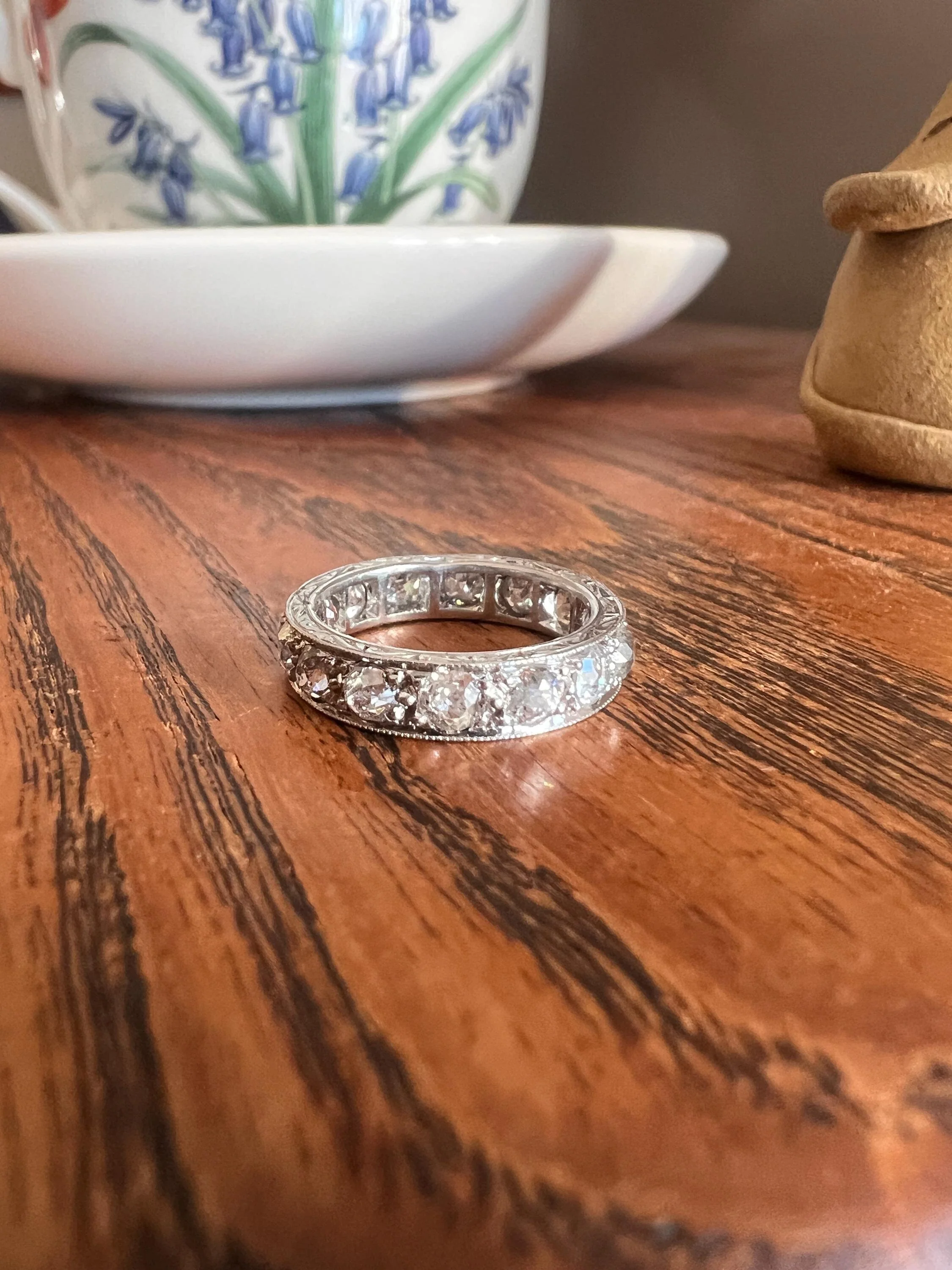 French ANTIQUE 2.5 Carats Old Mine Cut DIAMOND Full Eternity Band PLATINUM Ring Pinky Stacker - Image 11