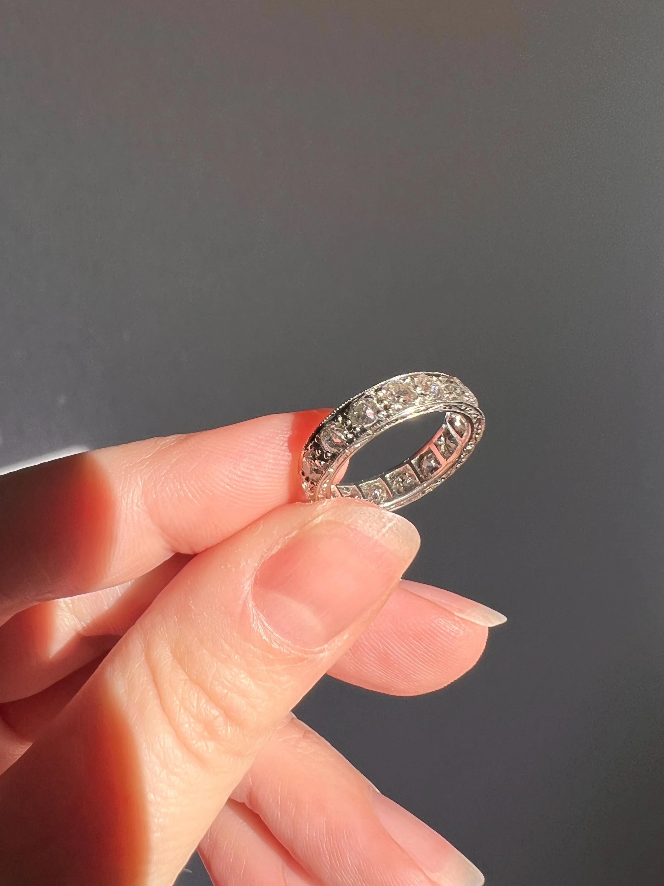 French ANTIQUE 2.5 Carats Old Mine Cut DIAMOND Full Eternity Band PLATINUM Ring Pinky Stacker - Image 5