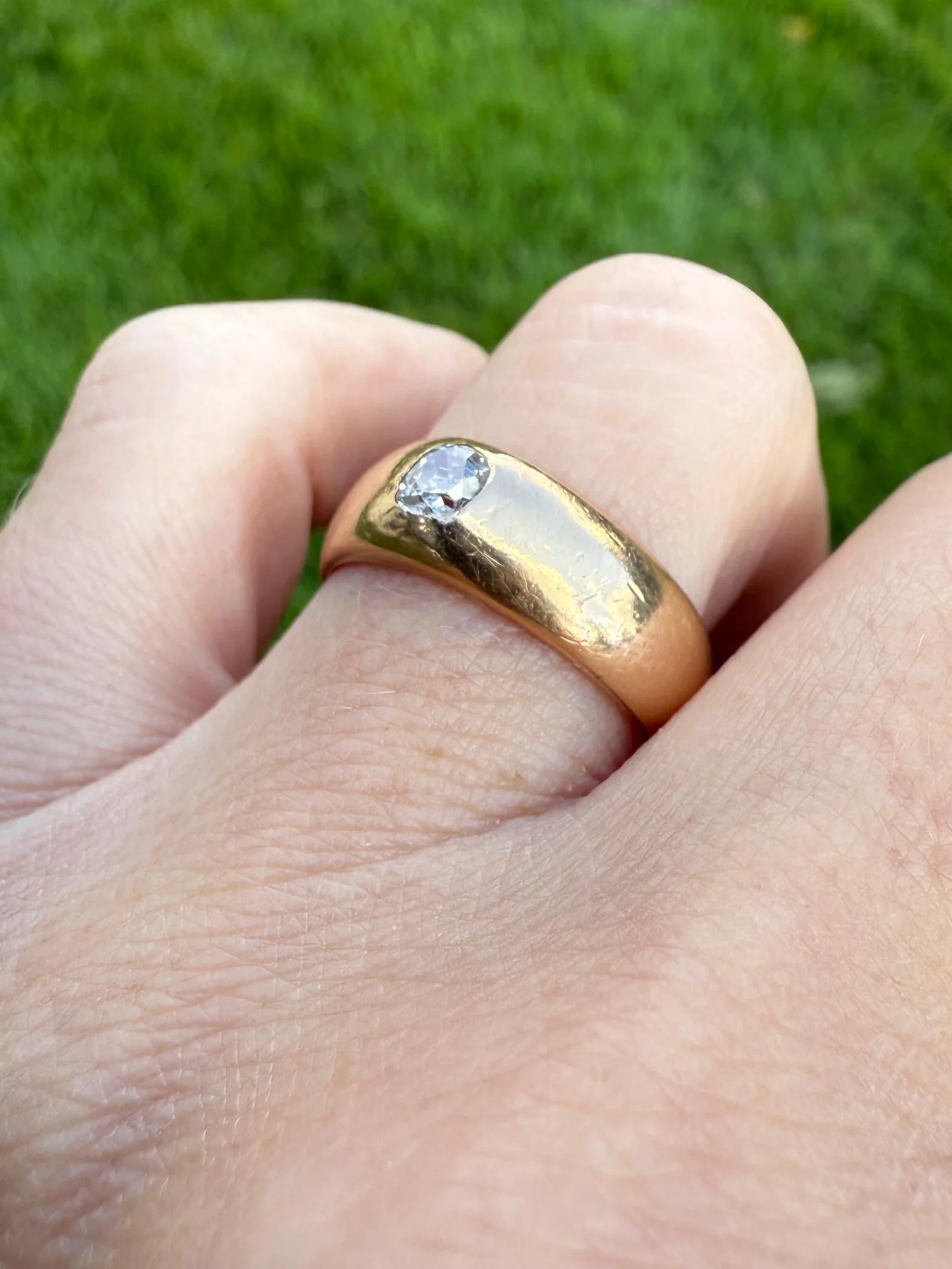 French Antique .3 Carat Old Mine Cut Diamond Gypsy Ring 18k GOLD Domed Band Solitaire Stacker Victorian Man Unisex