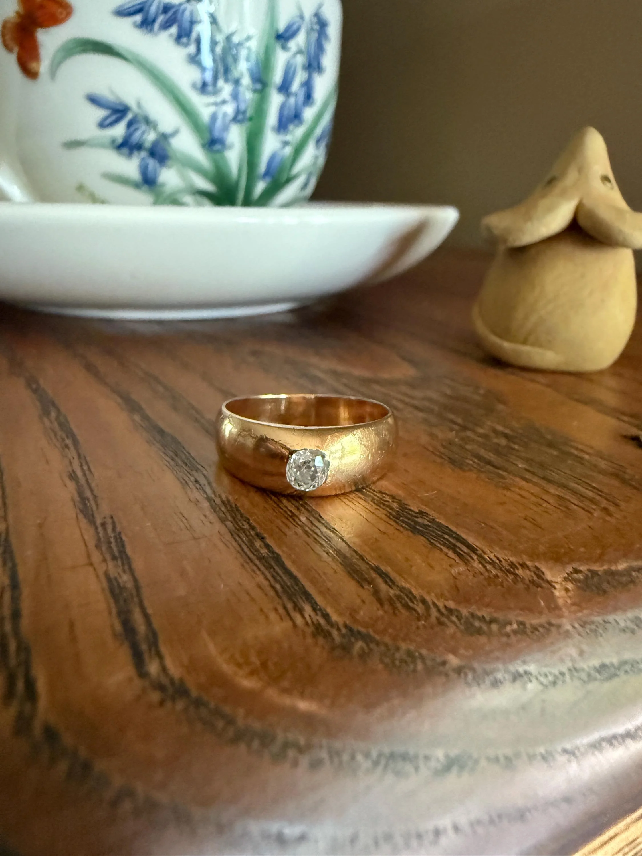 French Antique .3 Carat Old Mine Cut Diamond Gypsy Ring 18k GOLD Domed Band Solitaire Stacker Victorian Man Unisex - Image 10