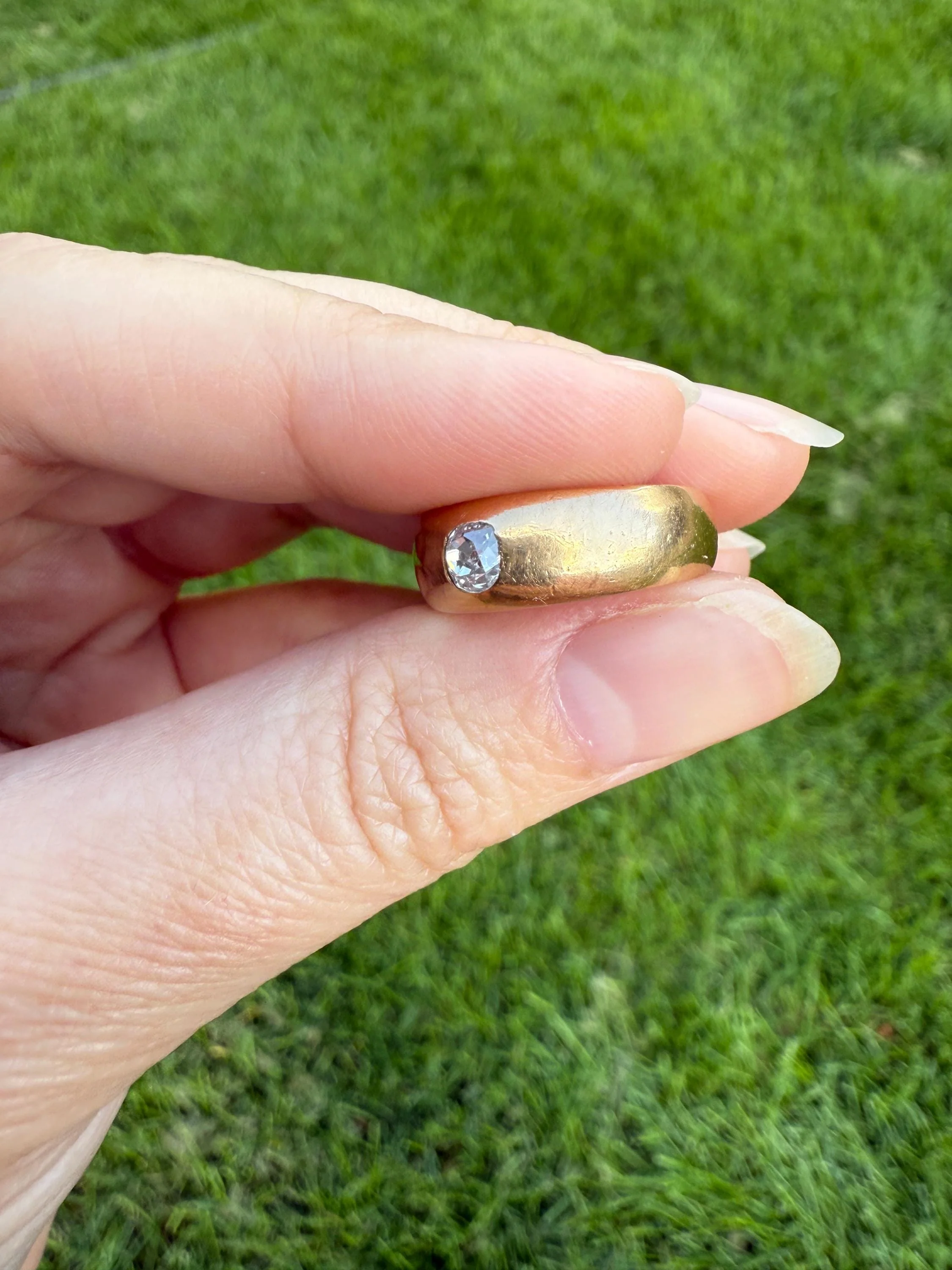 French Antique .3 Carat Old Mine Cut Diamond Gypsy Ring 18k GOLD Domed Band Solitaire Stacker Victorian Man Unisex - Image 2
