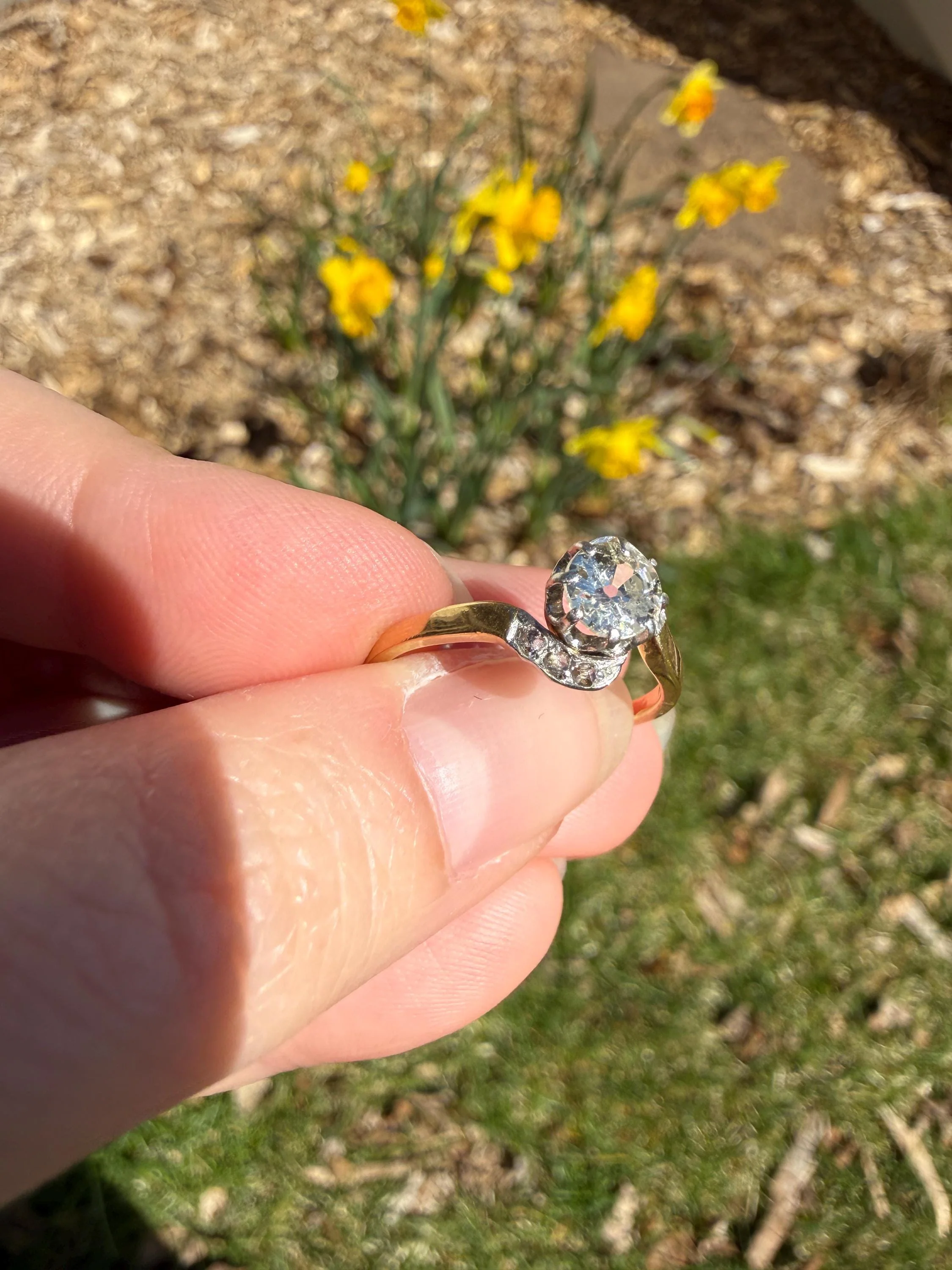 French Antique .6 Carat Natural Old Mine Rose Cut DIAMOND Solitaire Swirling Bypass 18k Gold Solid Ring Ornate Stacker Unique Engagement - Image 15