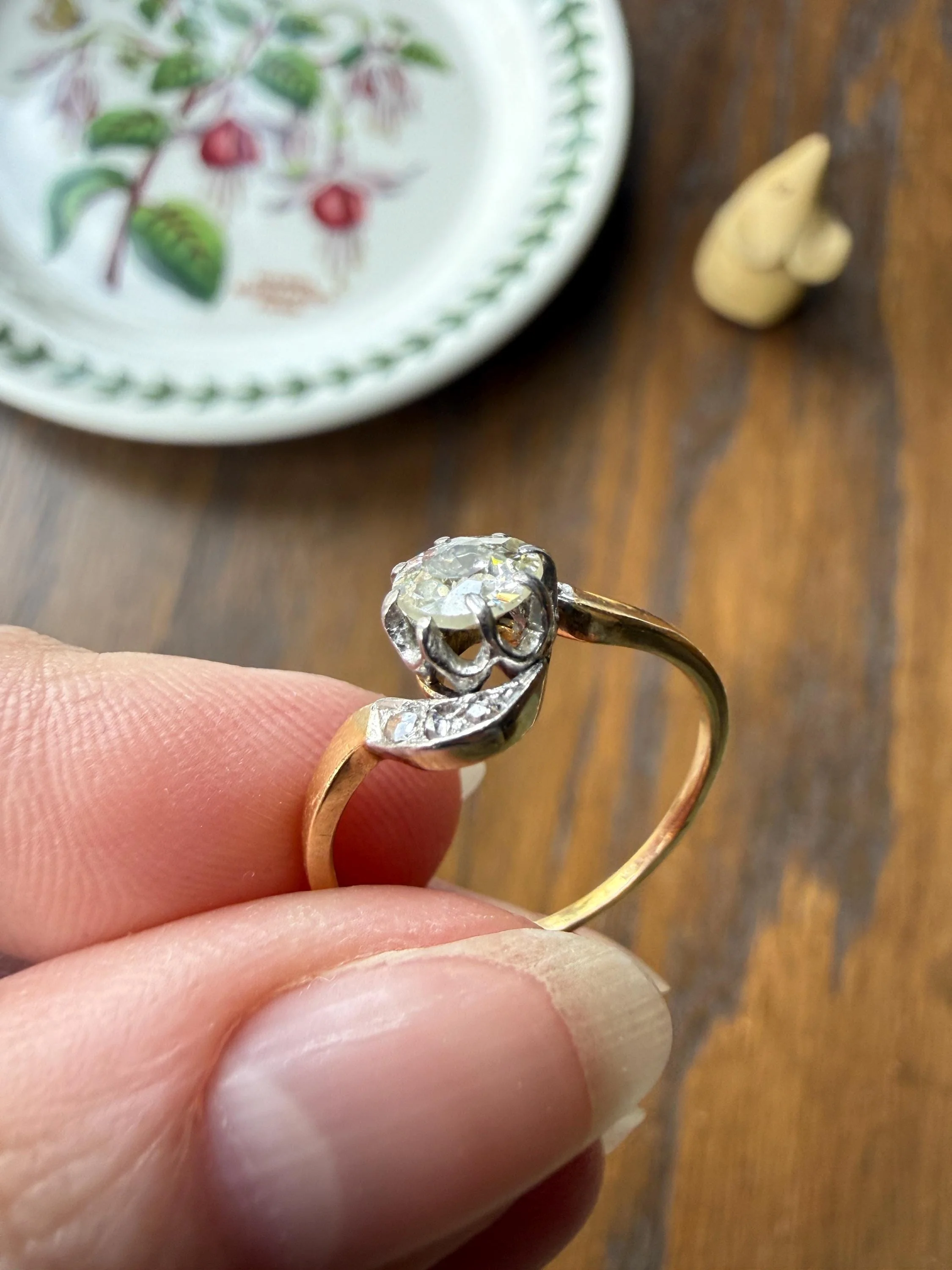 French Antique .6 Carat Natural Old Mine Rose Cut DIAMOND Solitaire Swirling Bypass 18k Gold Solid Ring Ornate Stacker Unique Engagement - Image 16