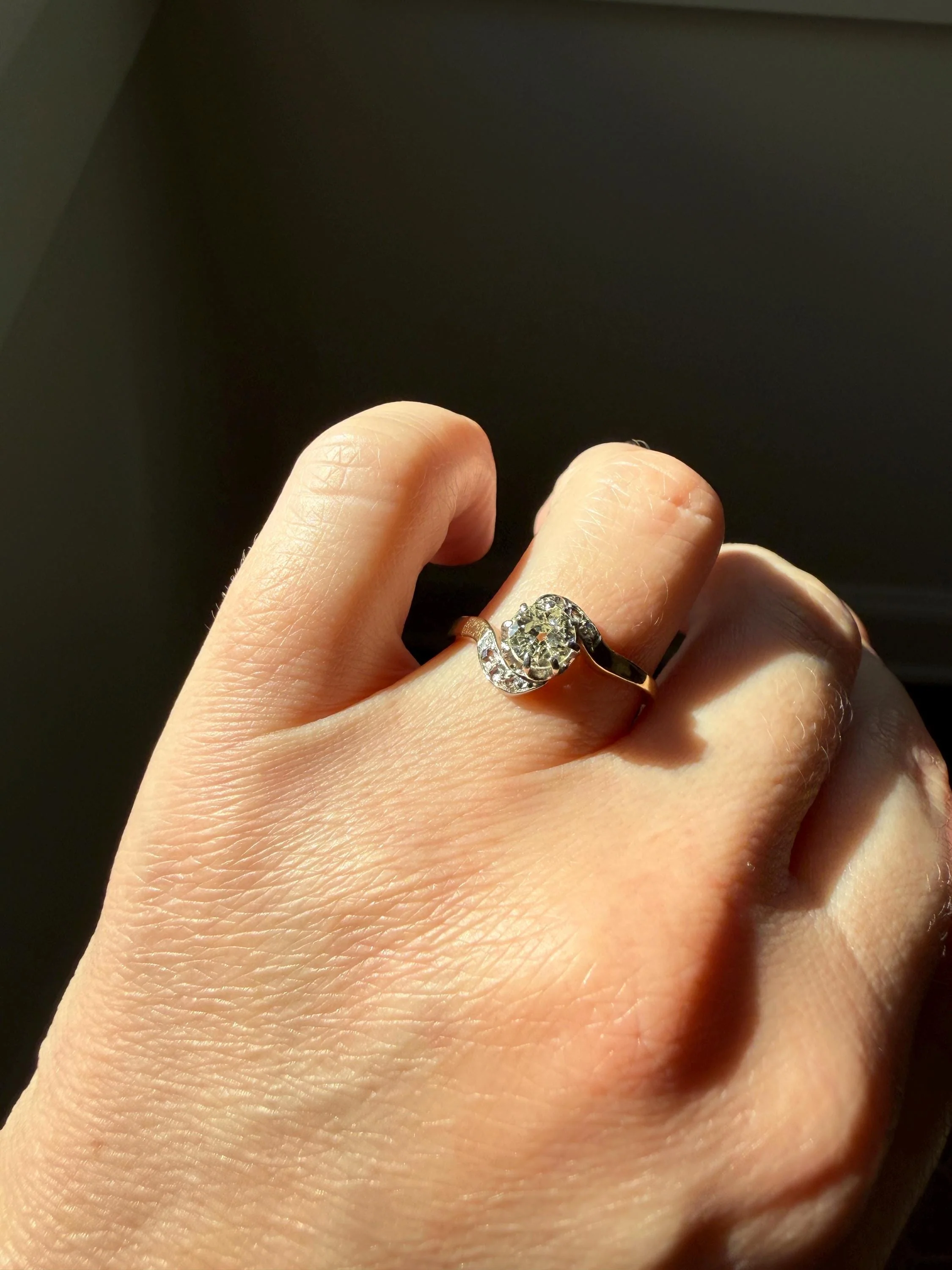 French Antique .6 Carat Natural Old Mine Rose Cut DIAMOND Solitaire Swirling Bypass 18k Gold Solid Ring Ornate Stacker Unique Engagement - Image 2