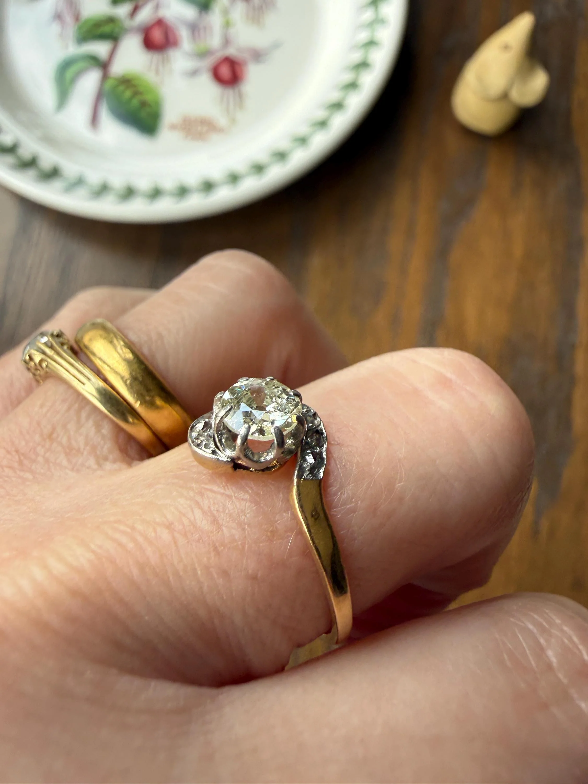 French Antique .6 Carat Natural Old Mine Rose Cut DIAMOND Solitaire Swirling Bypass 18k Gold Solid Ring Ornate Stacker Unique Engagement - Image 3