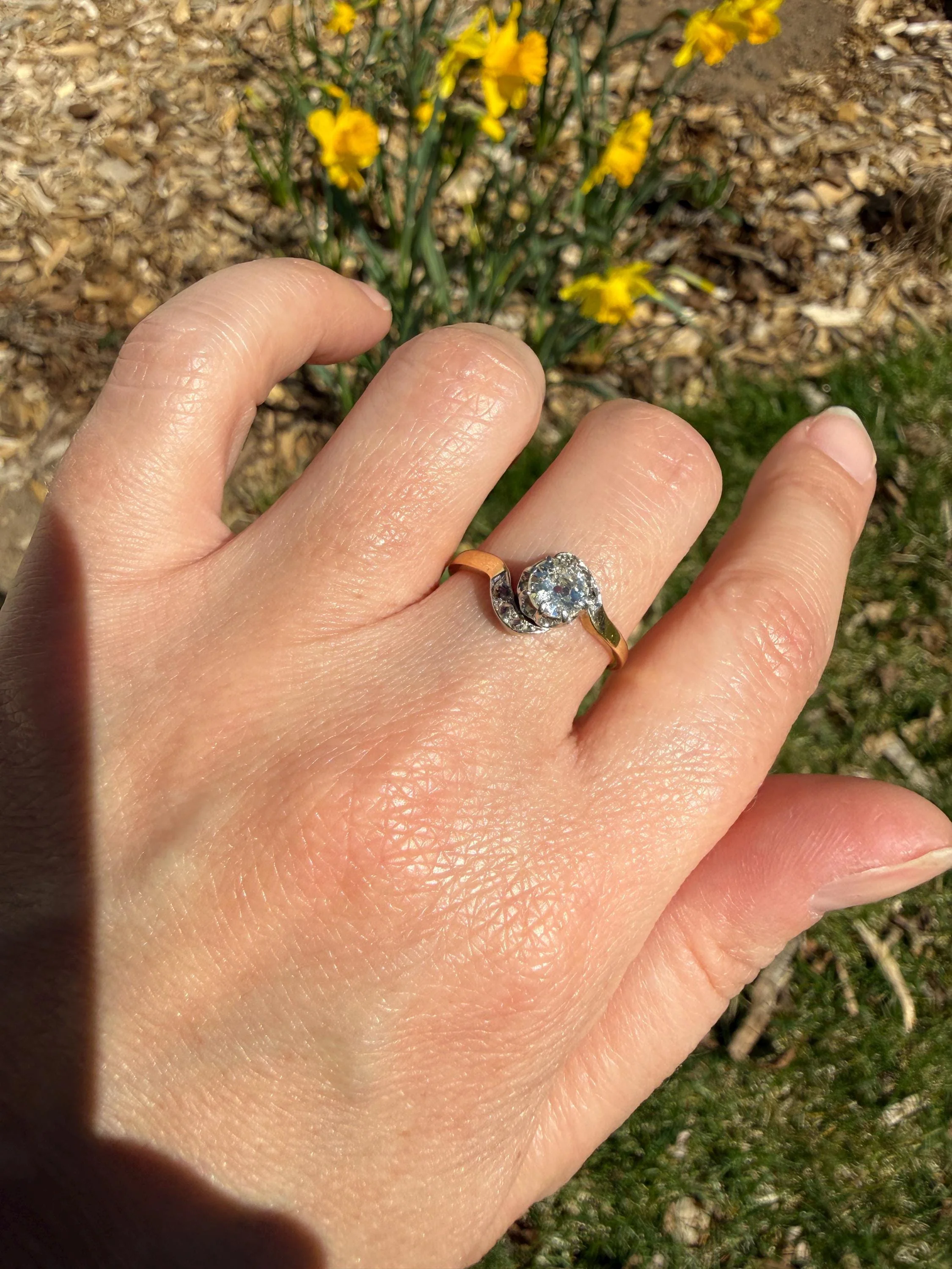 French Antique .6 Carat Natural Old Mine Rose Cut DIAMOND Solitaire Swirling Bypass 18k Gold Solid Ring Ornate Stacker Unique Engagement - Image 5