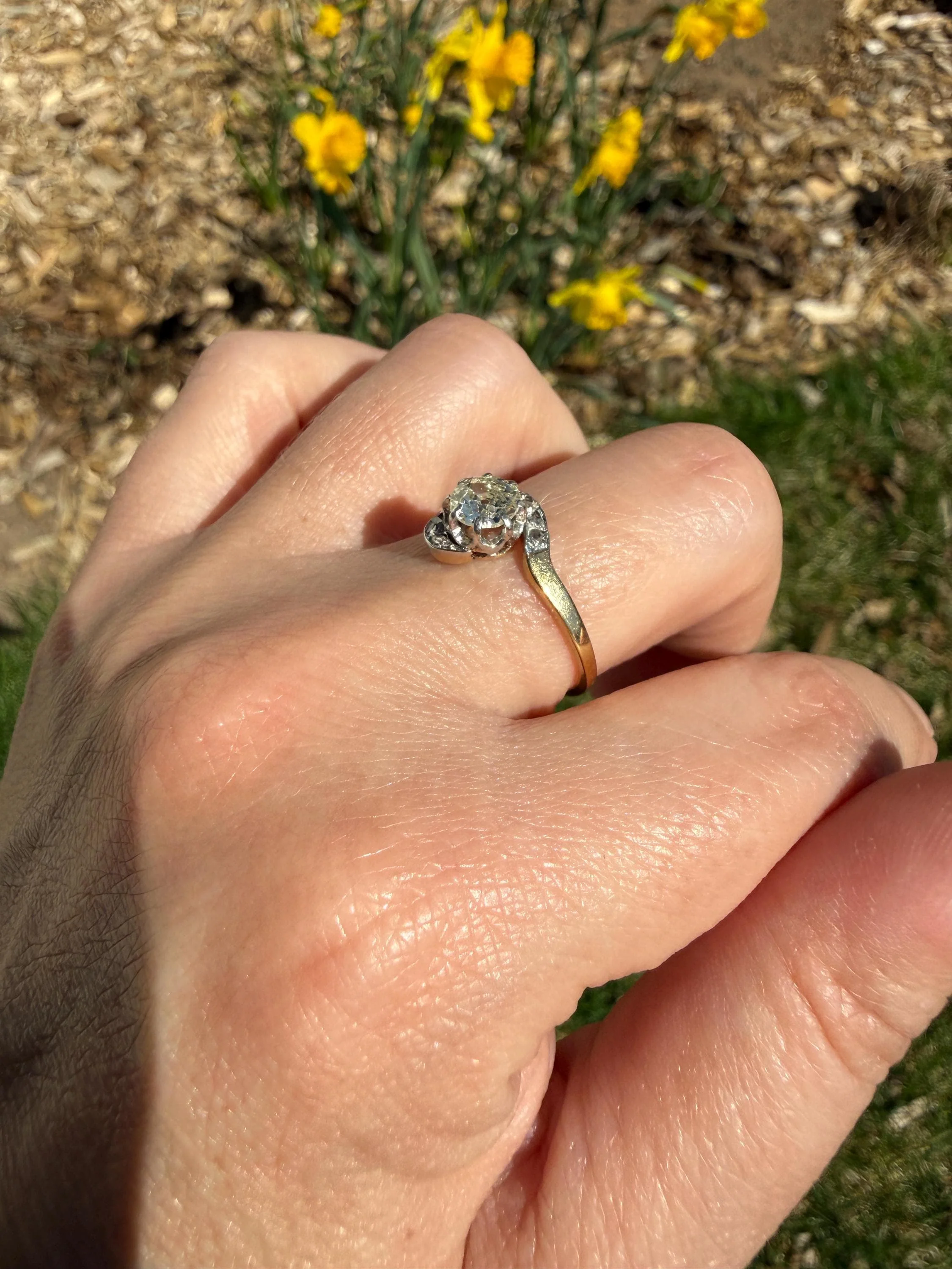 French Antique .6 Carat Natural Old Mine Rose Cut DIAMOND Solitaire Swirling Bypass 18k Gold Solid Ring Ornate Stacker Unique Engagement - Image 9