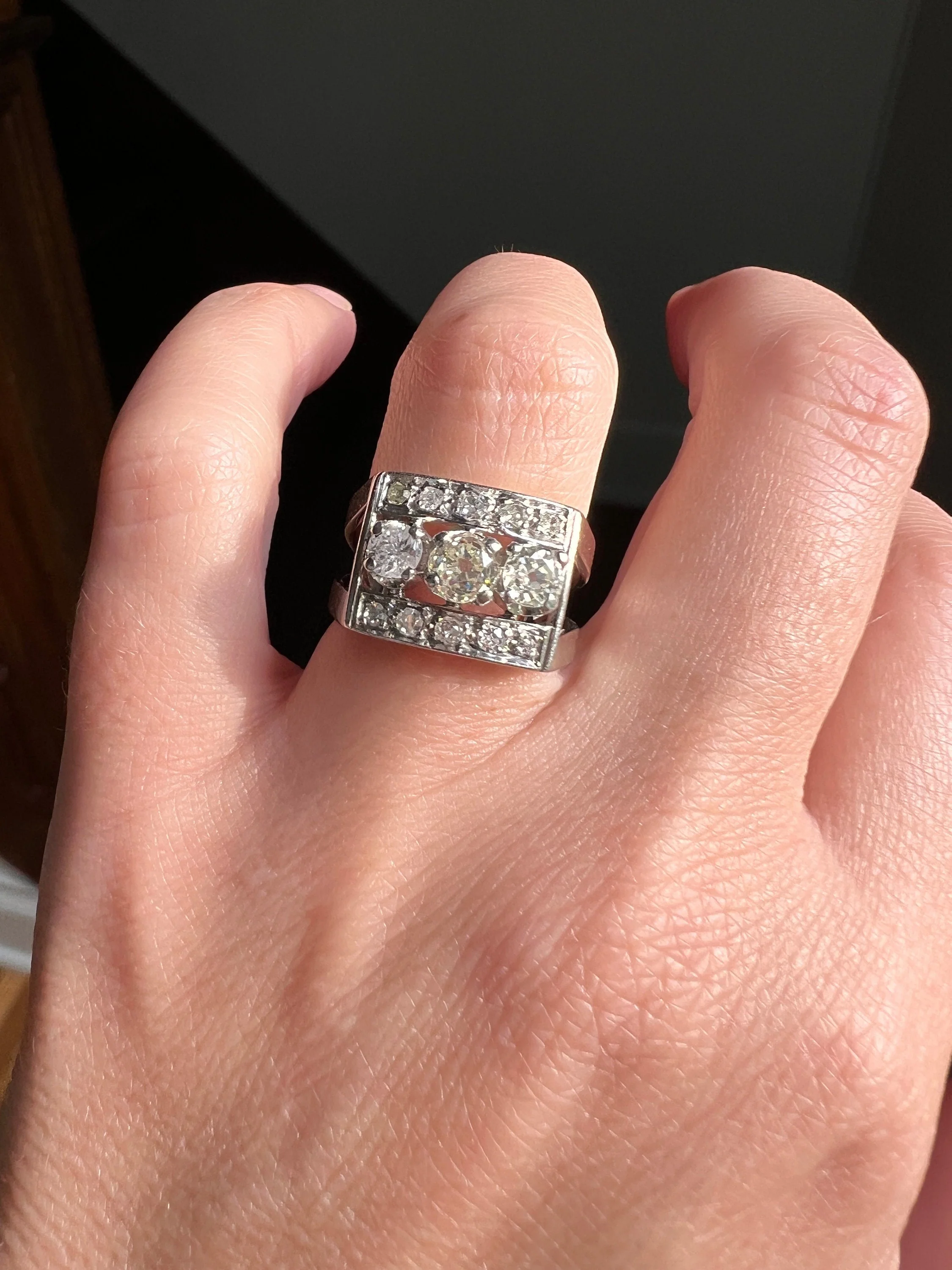 French Antique .85 Carat Old Mine Cut DIAMOND Linear Tank Ring 18k White Gold Romantic Gift Chunky Belle Epoque Geometric Rectangular .85Ctw - Image 10