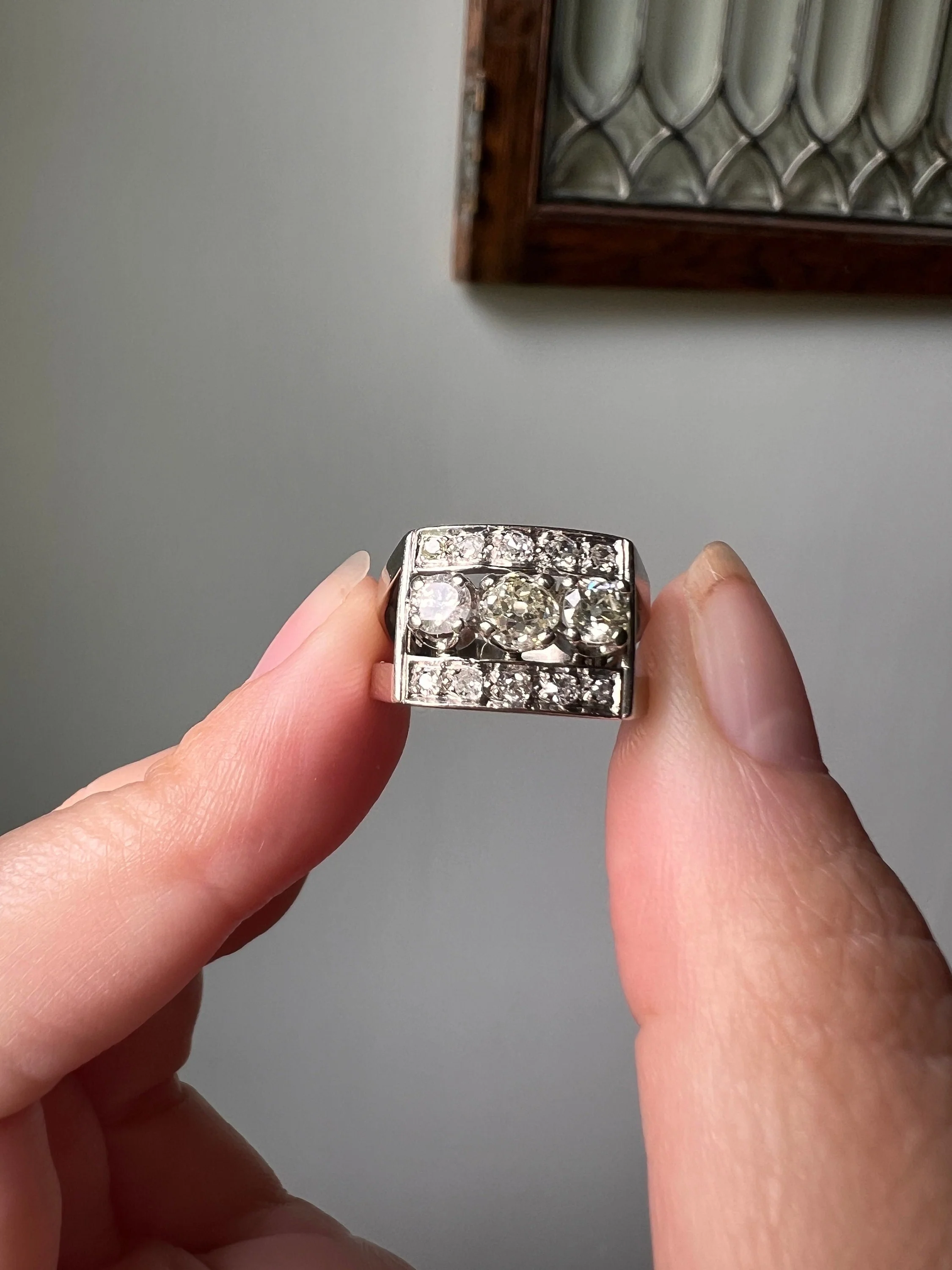 French Antique .85 Carat Old Mine Cut DIAMOND Linear Tank Ring 18k White Gold Romantic Gift Chunky Belle Epoque Geometric Rectangular .85Ctw - Image 2