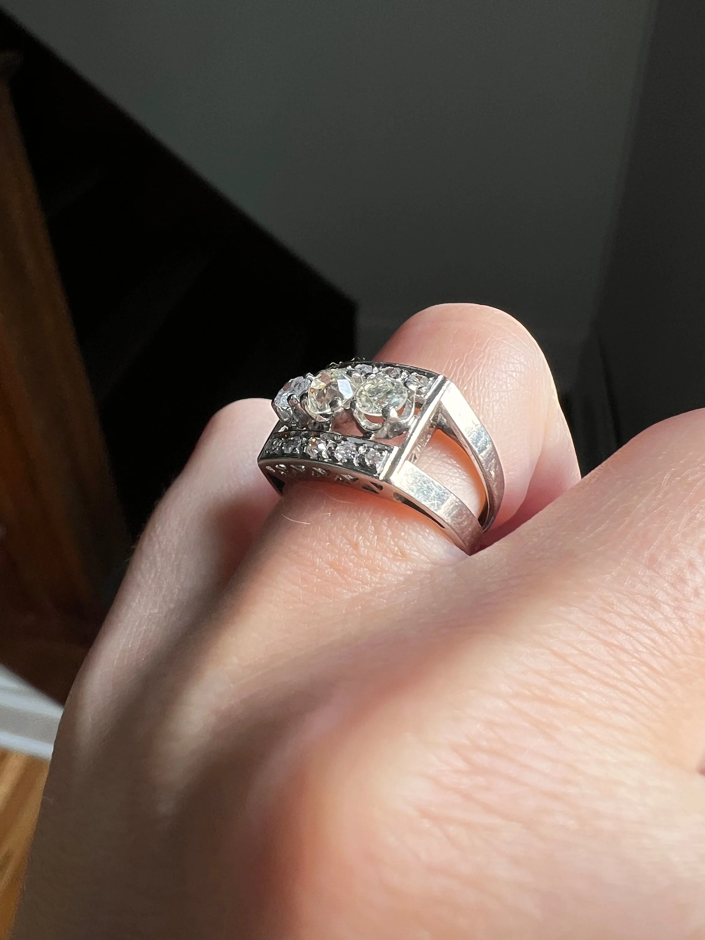 French Antique .85 Carat Old Mine Cut DIAMOND Linear Tank Ring 18k White Gold Romantic Gift Chunky Belle Epoque Geometric Rectangular .85Ctw - Image 5