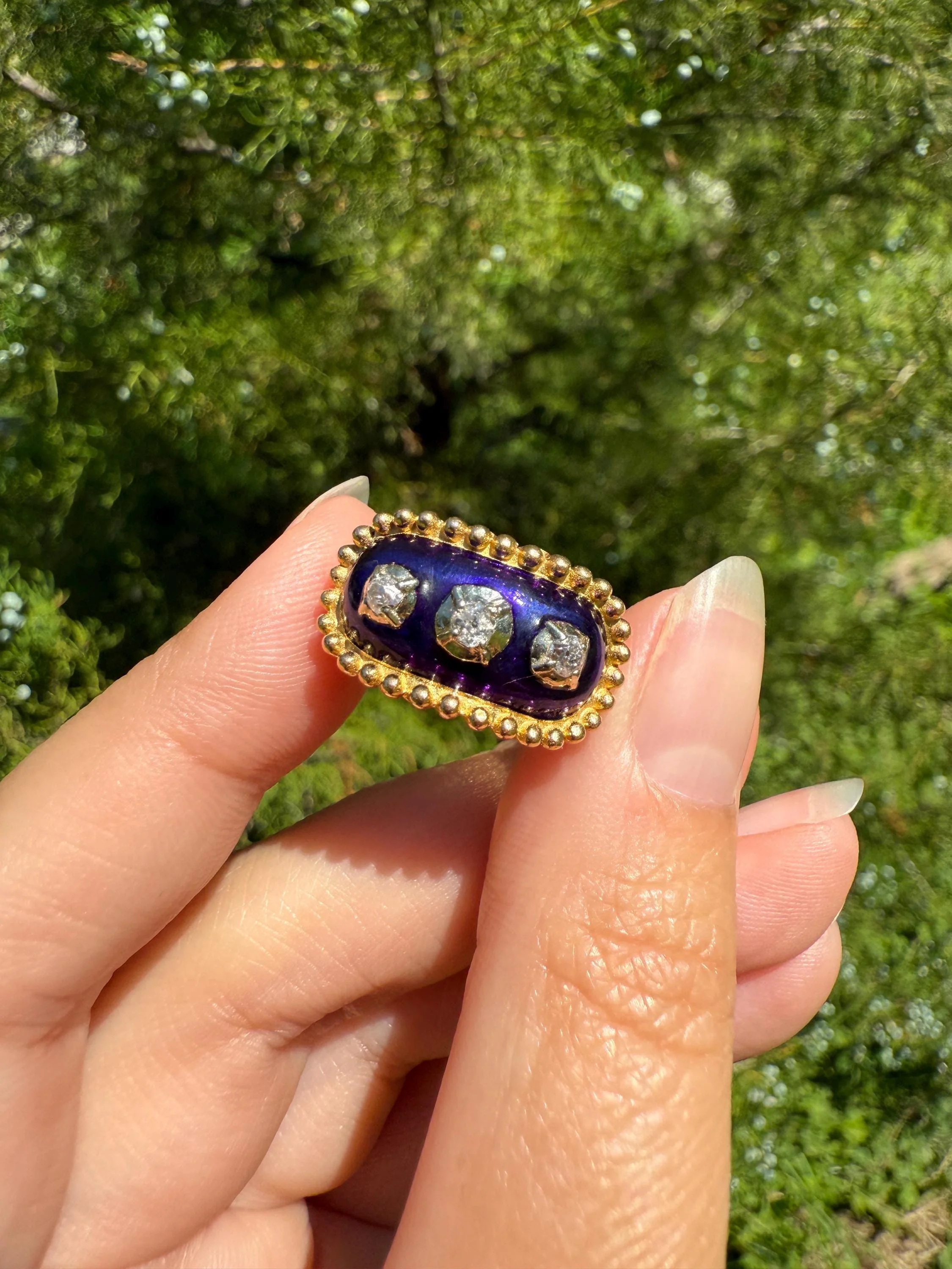 French Antique Bague Au Firmament Three Old Mine Cut Diamond Blue Enamel 18k Gold Ring of Heaven STAR Victorian Ornate Bead Rivet Halo OMC - Image 11
