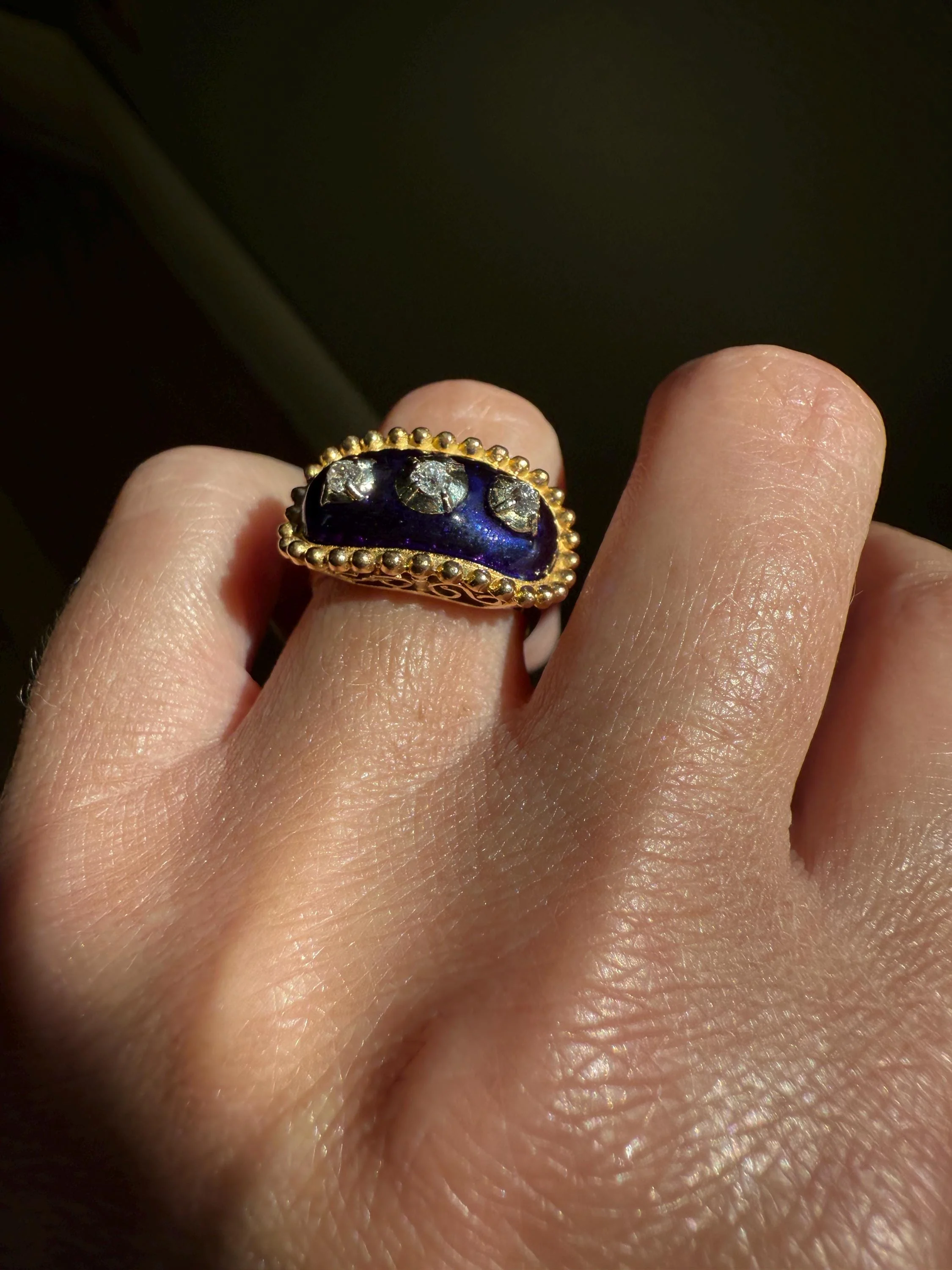 French Antique Bague Au Firmament Three Old Mine Cut Diamond Blue Enamel 18k Gold Ring of Heaven STAR Victorian Ornate Bead Rivet Halo OMC - Image 3