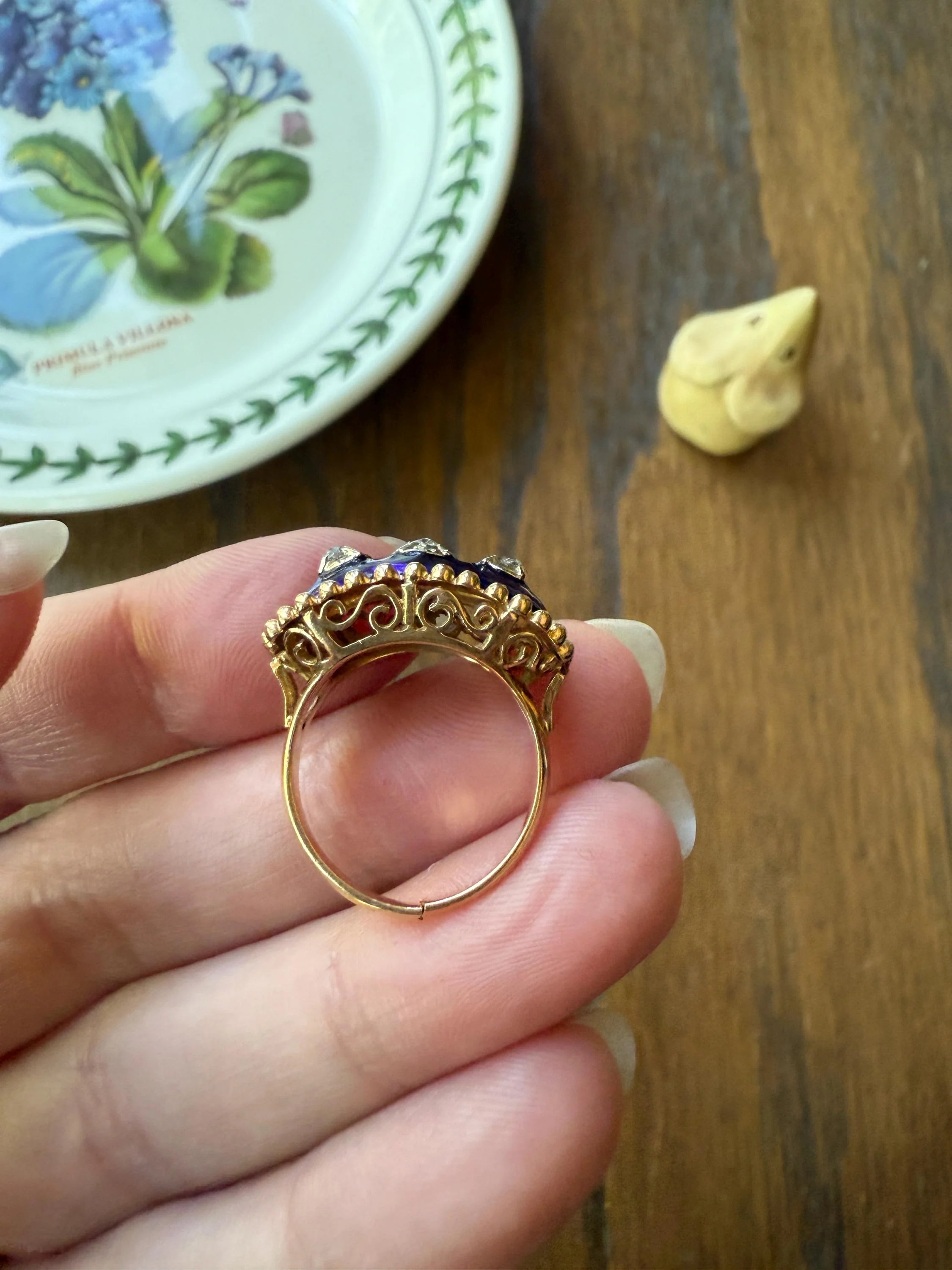 French Antique Bague Au Firmament Three Old Mine Cut Diamond Blue Enamel 18k Gold Ring of Heaven STAR Victorian Ornate Bead Rivet Halo OMC - Image 5