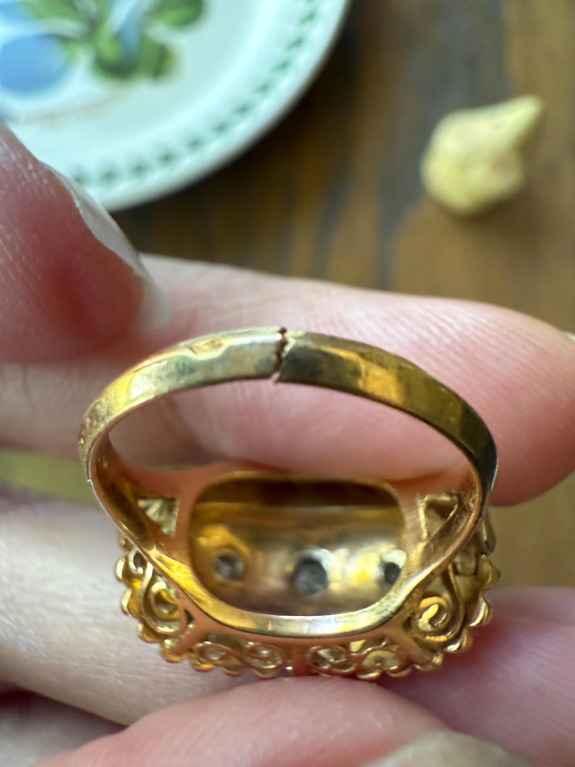 French Antique Bague Au Firmament Three Old Mine Cut Diamond Blue Enamel 18k Gold Ring of Heaven STAR Victorian Ornate Bead Rivet Halo OMC - Image 6